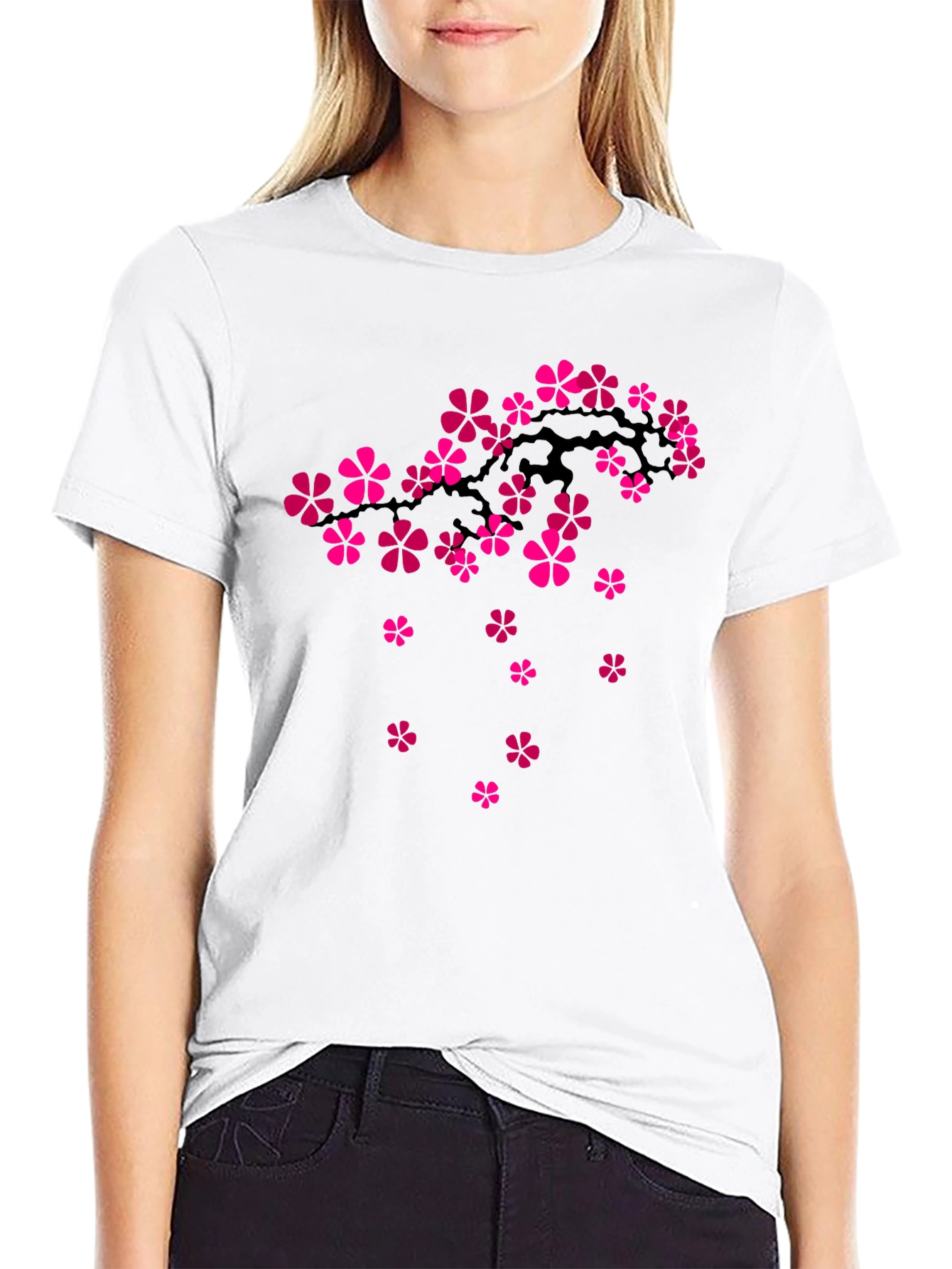 Black T-Shirt with Floral Cherry Blossom Design