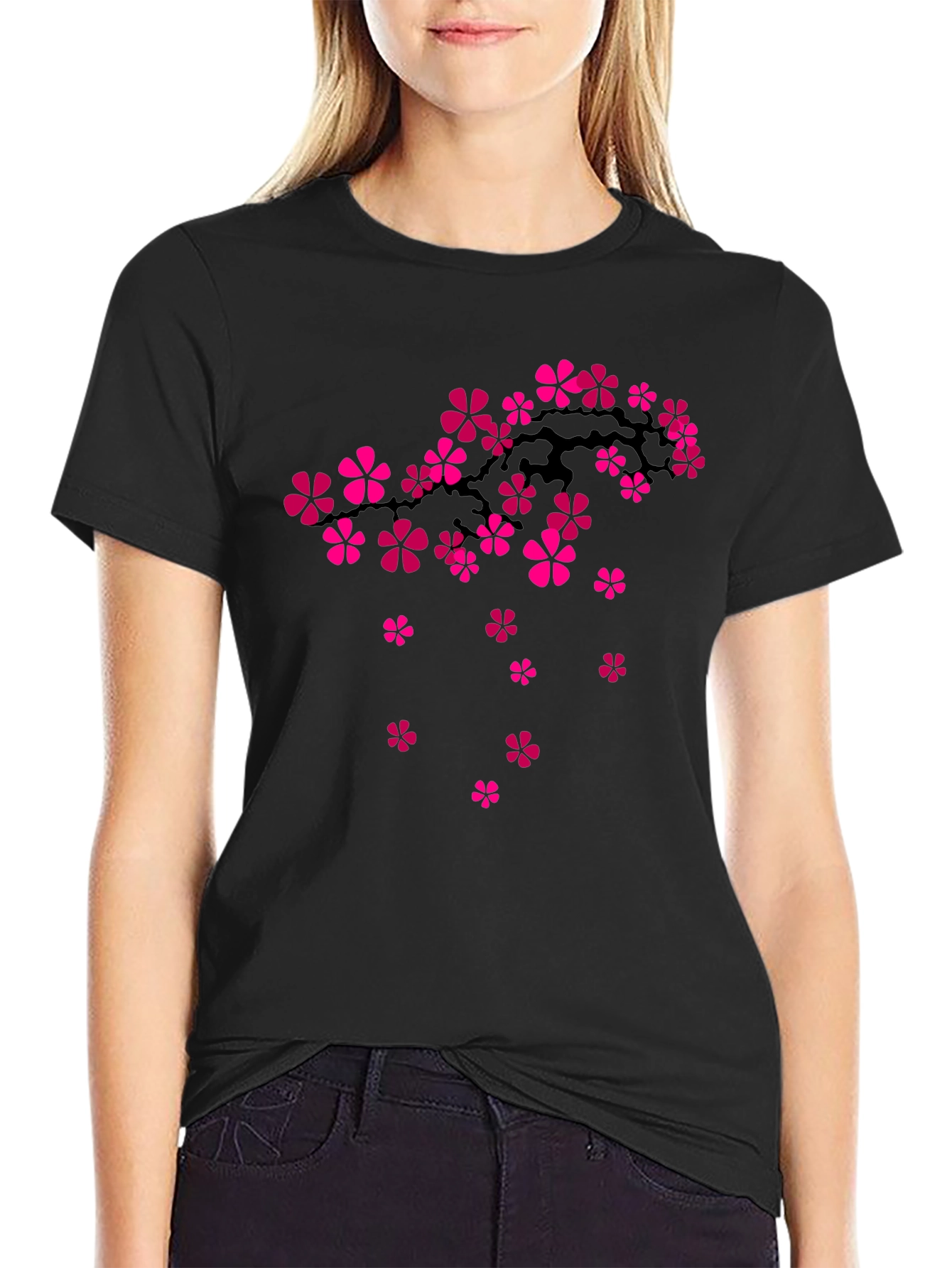 Black T-Shirt with Floral Cherry Blossom Design