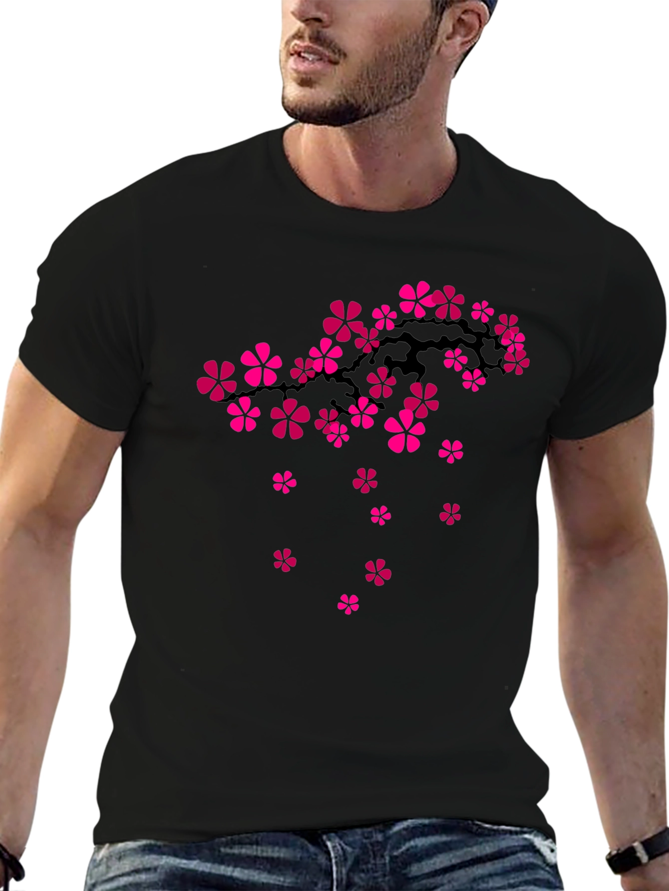 Black T-Shirt with Floral Cherry Blossom Design