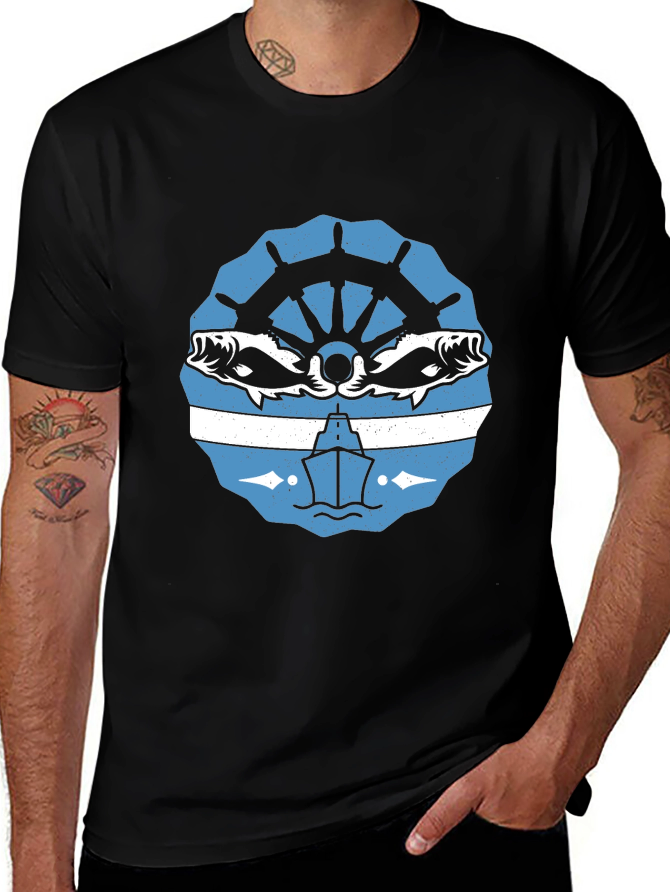 Nautical Black T-Shirt with Boat and Fish Design