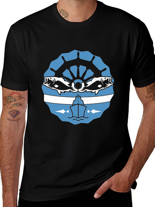 Nautical Black T-Shirt with Boat and Fish Design