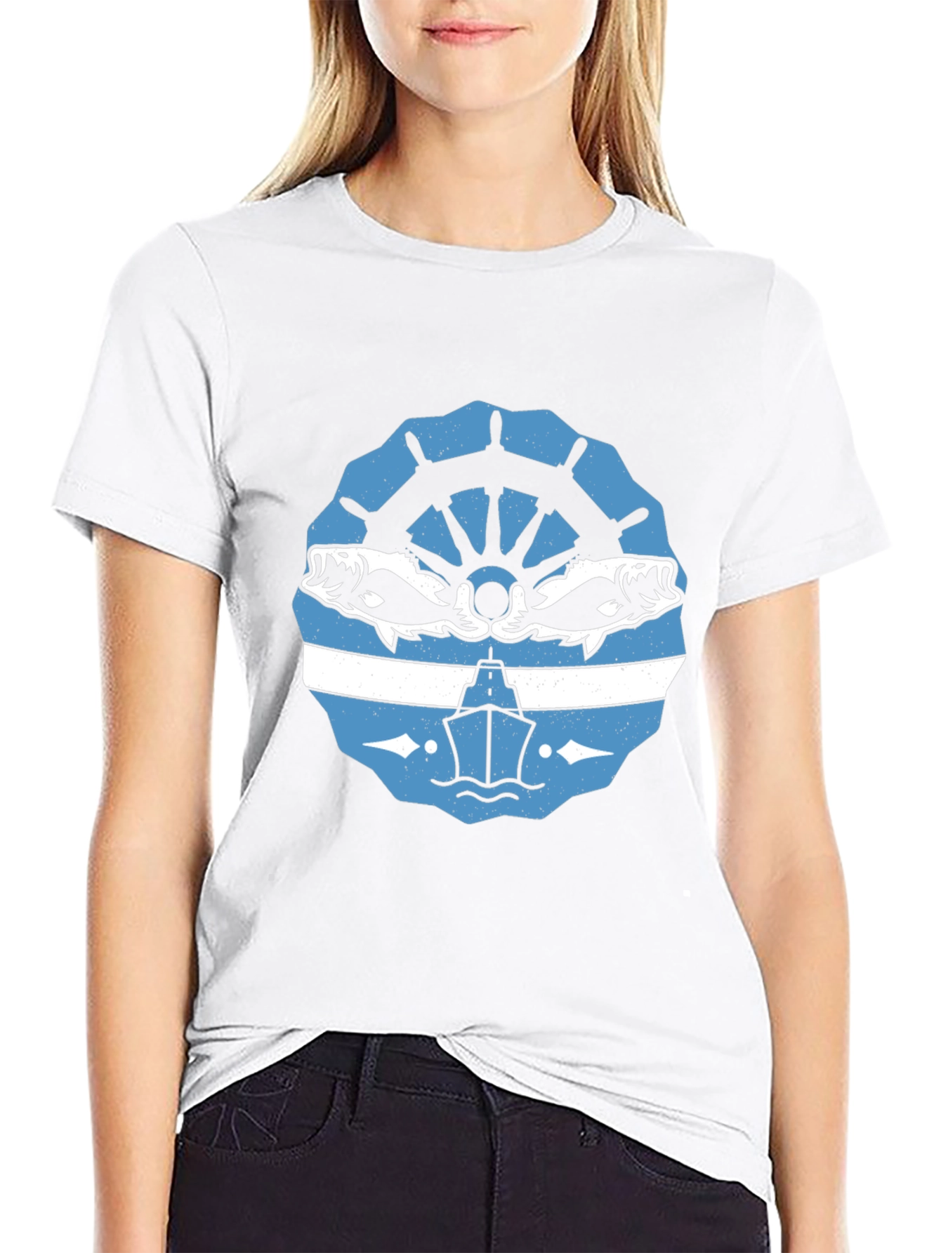 Nautical Black T-Shirt with Boat and Fish Design