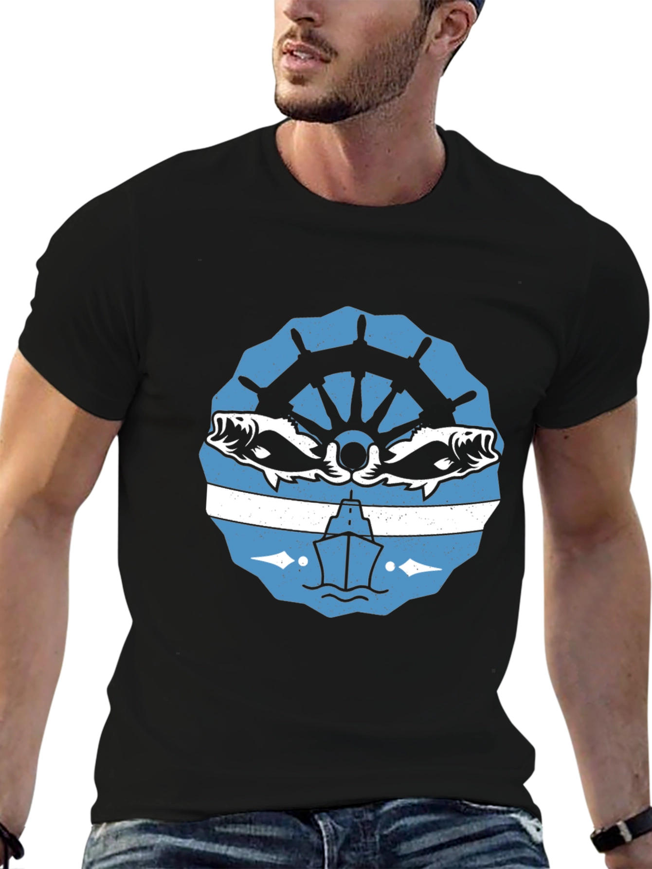 Nautical Black T-Shirt with Boat and Fish Design