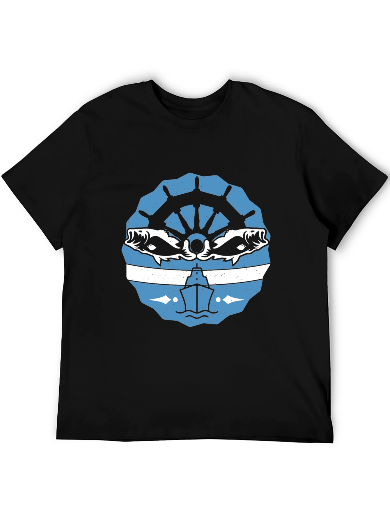 Nautical Black T-Shirt with Boat and Fish Design