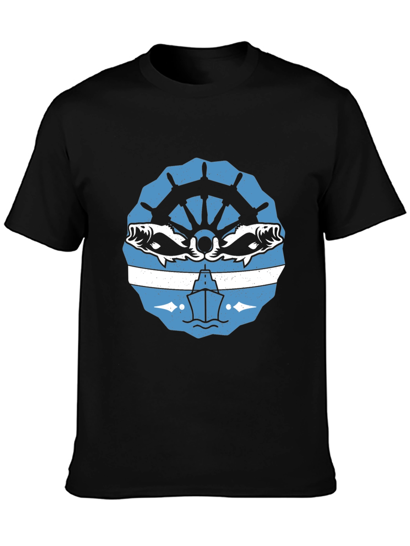 Nautical Black T-Shirt with Boat and Fish Design