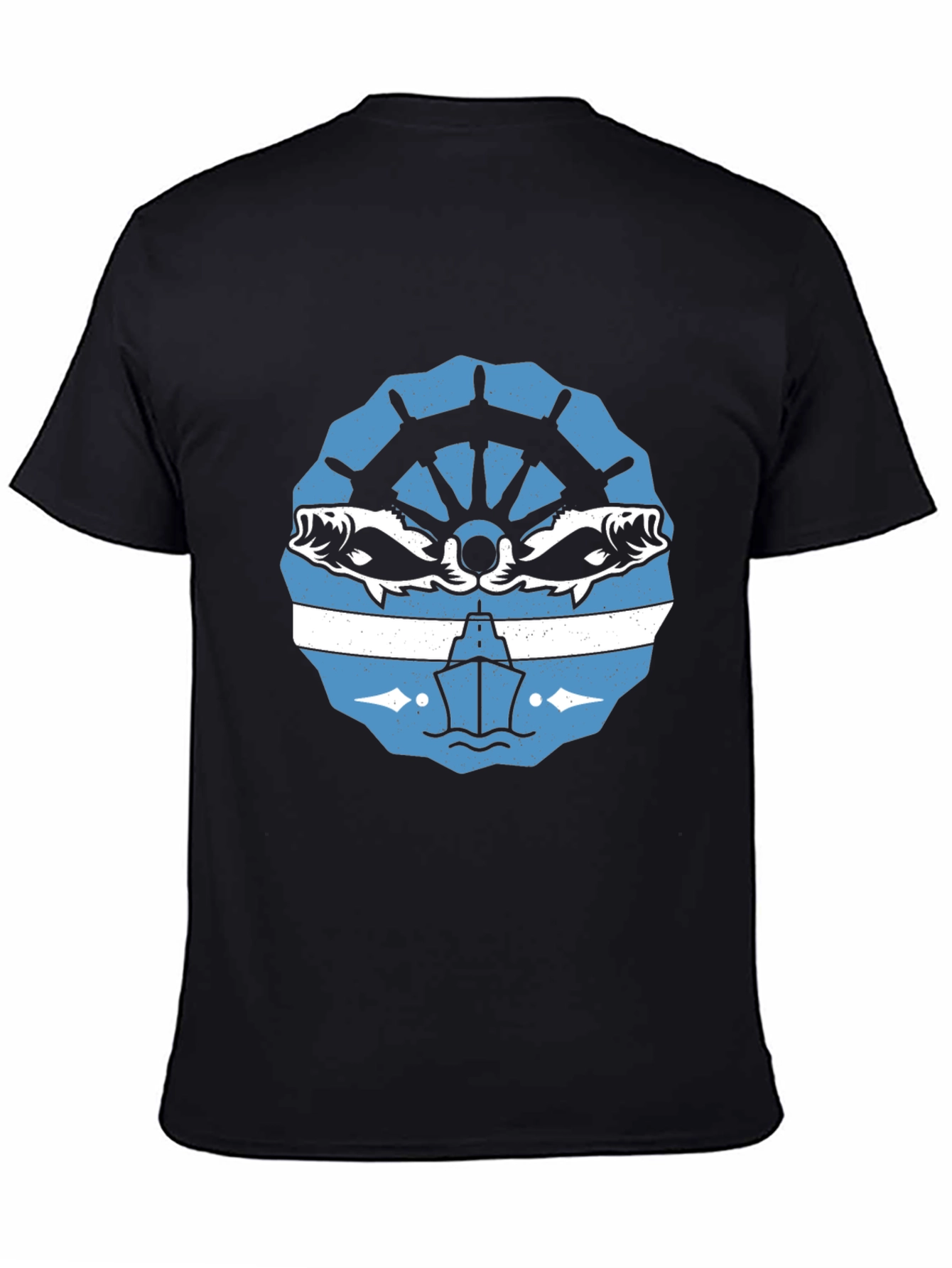 Nautical Black T-Shirt with Boat and Fish Design