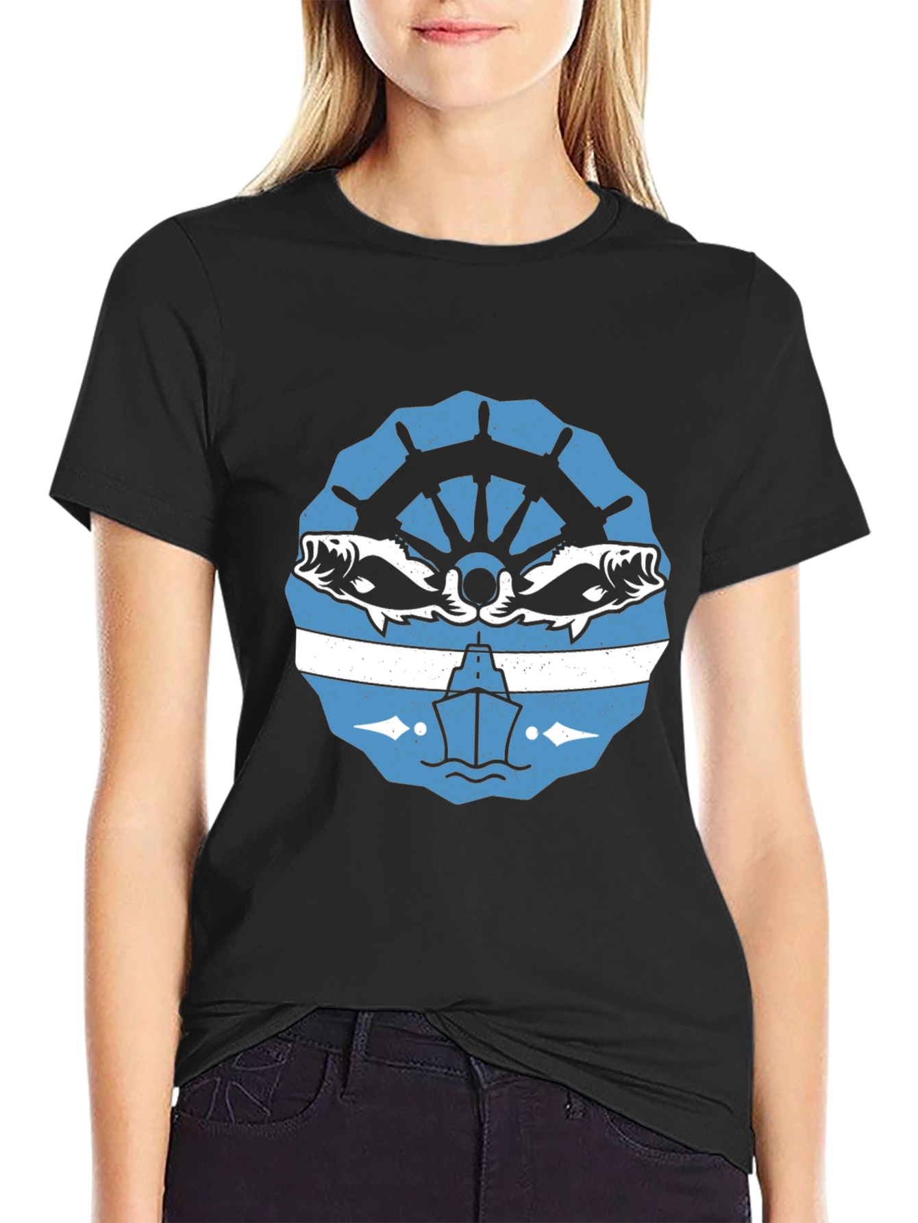 Nautical Black T-Shirt with Boat and Fish Design