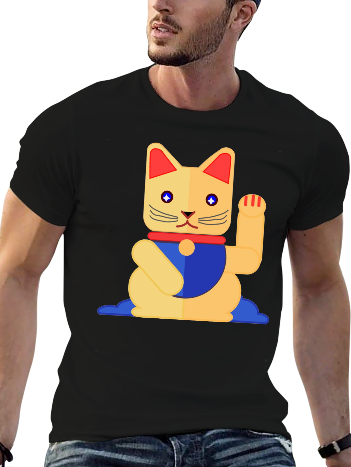 Lucky Cat Graphic T-Shirt - Black Cotton Tee