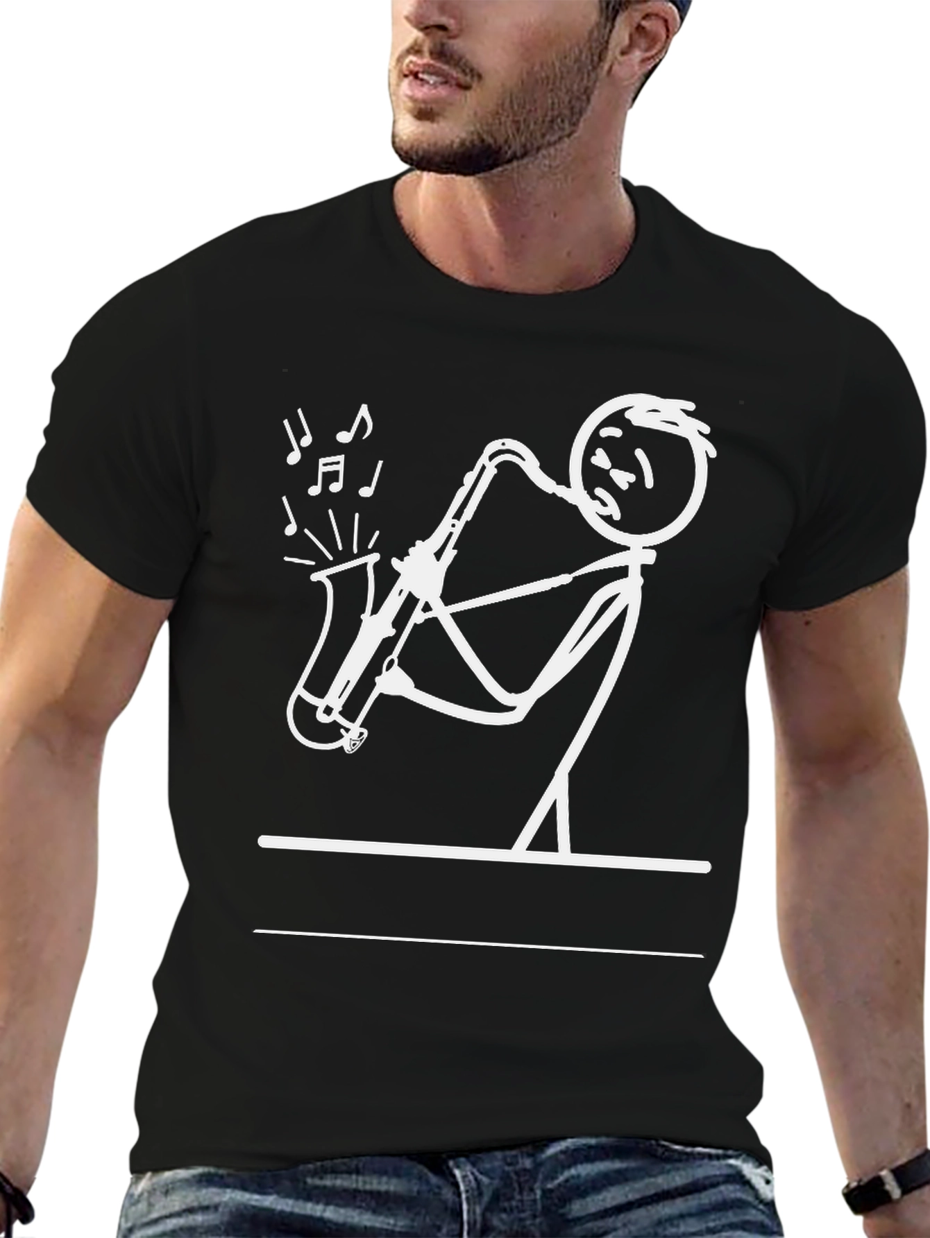 Saxophone Stick Figure Graphic Tee - Black