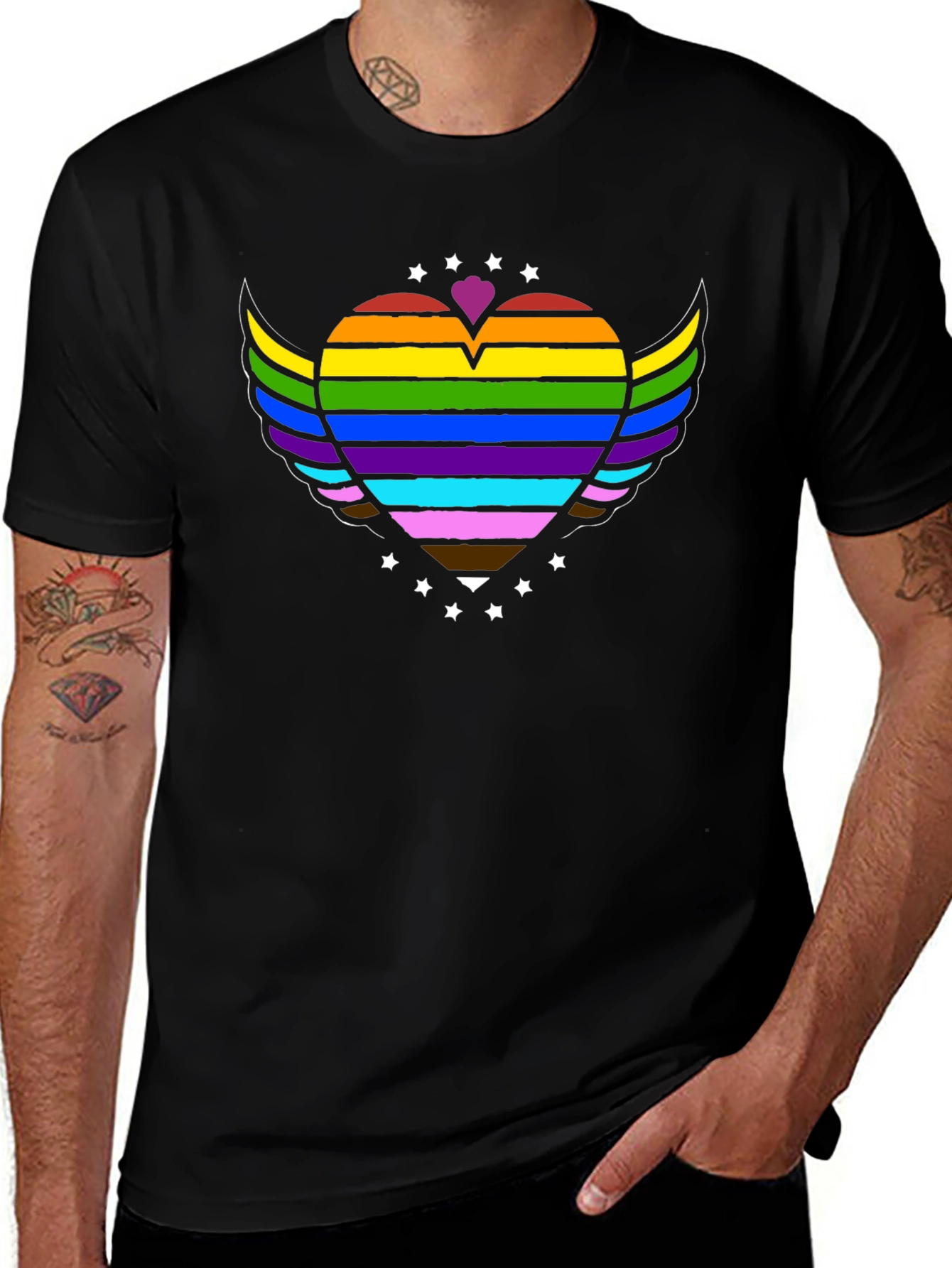 Pride Rainbow Heart Wings Graphic Tee - Black