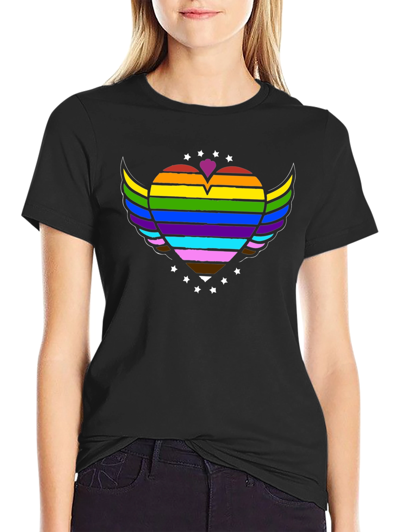 Pride Rainbow Heart Wings Graphic Tee - Black