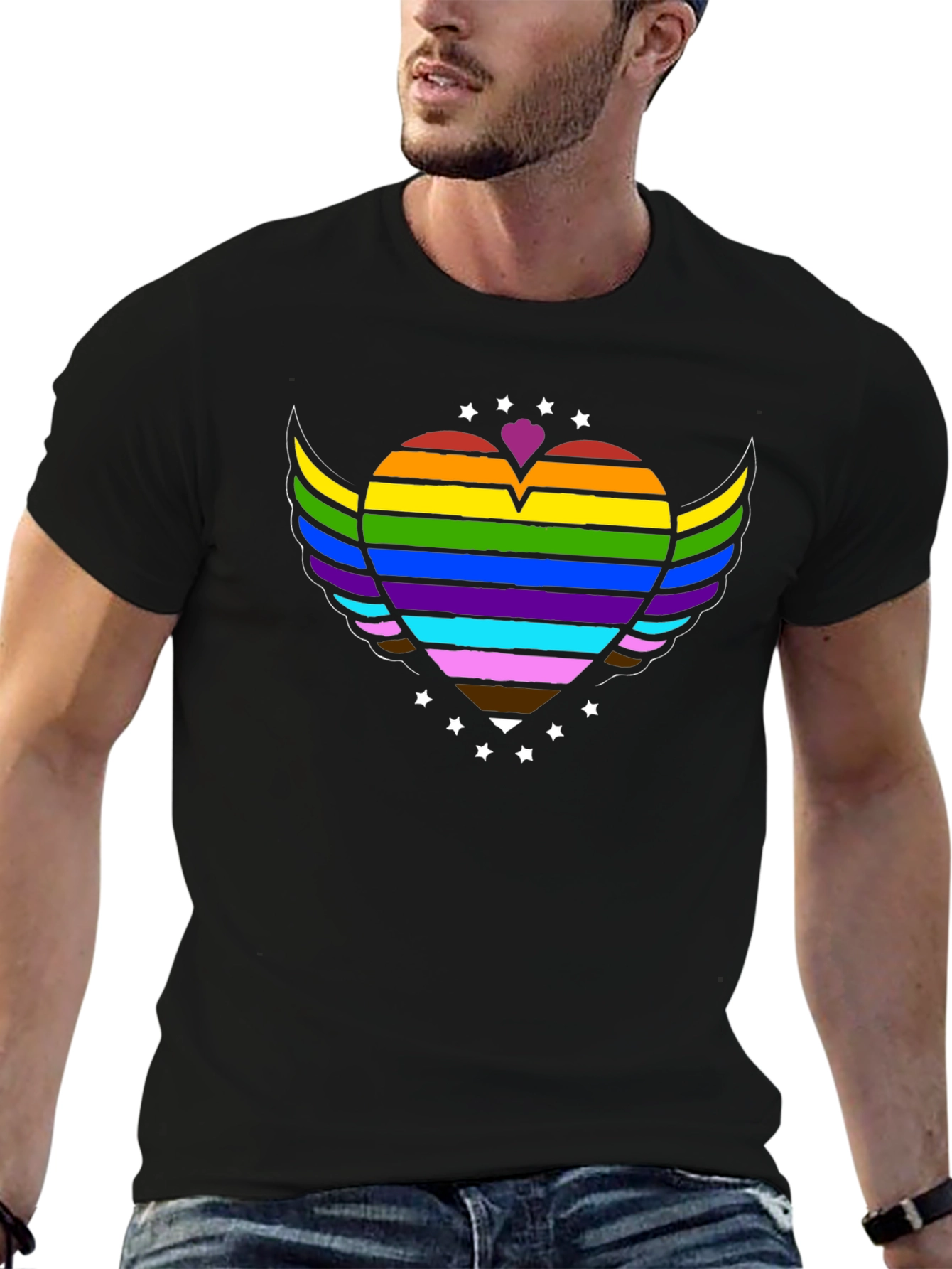 Pride Rainbow Heart Wings Graphic Tee - Black