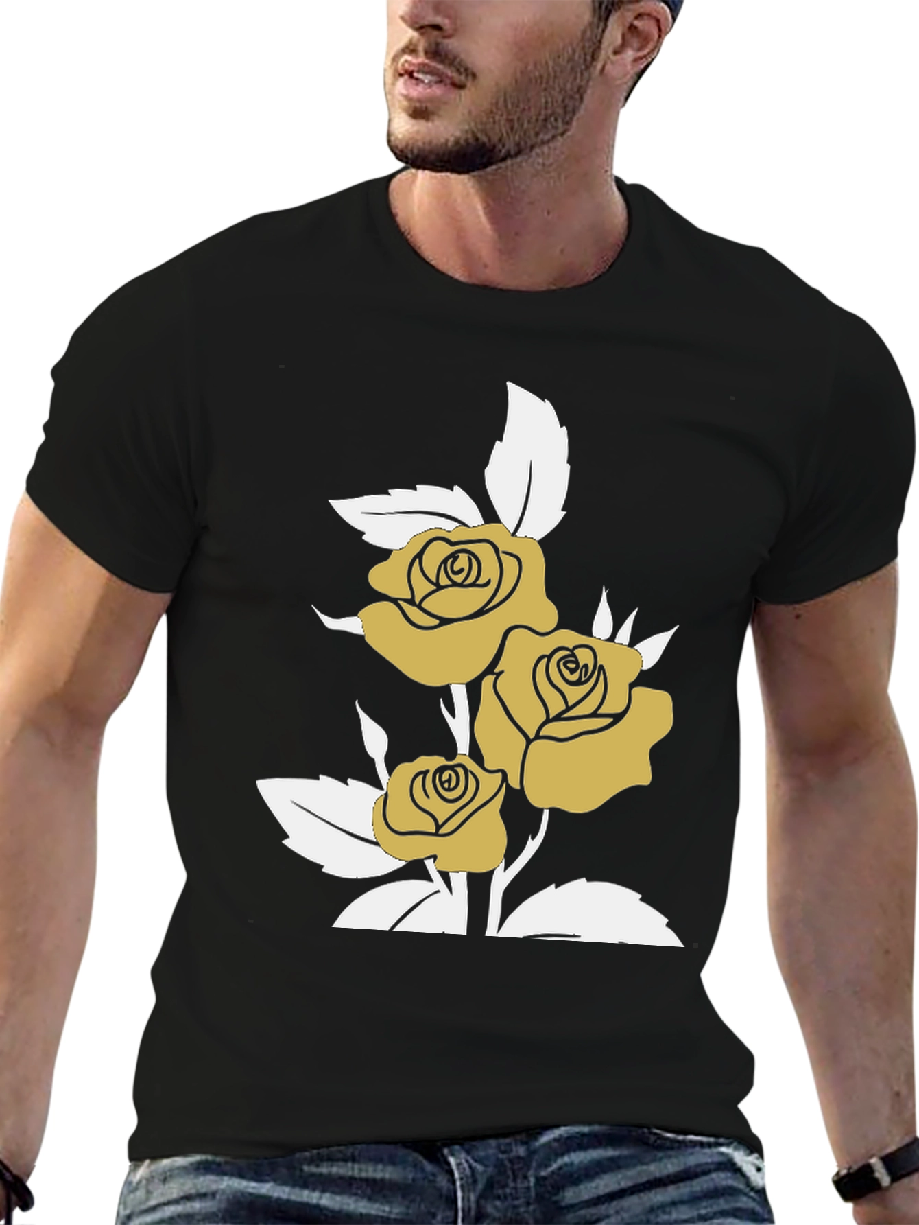 Gold Roses on Black Graphic T-Shirt
