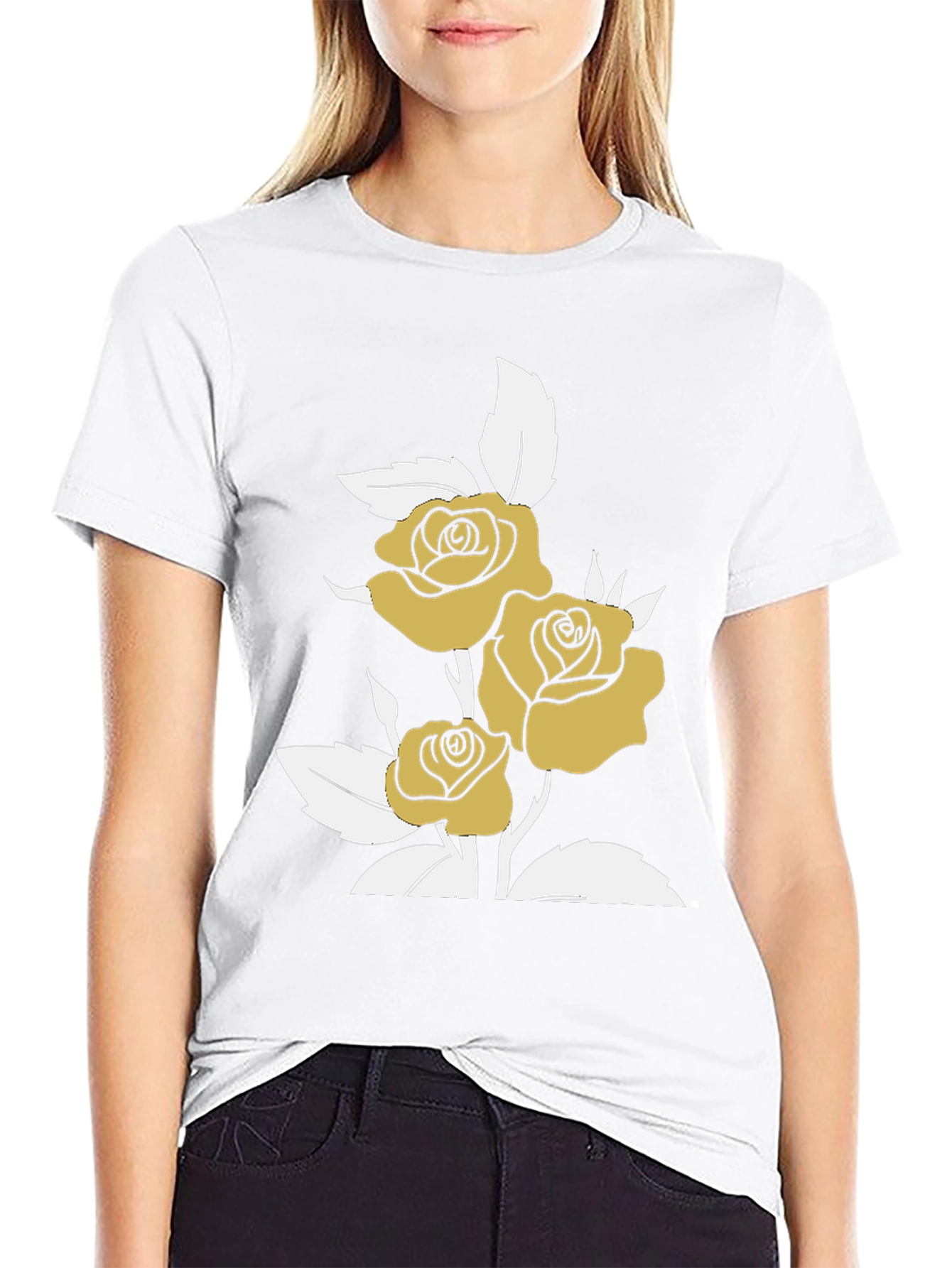 Gold Roses on Black Graphic T-Shirt