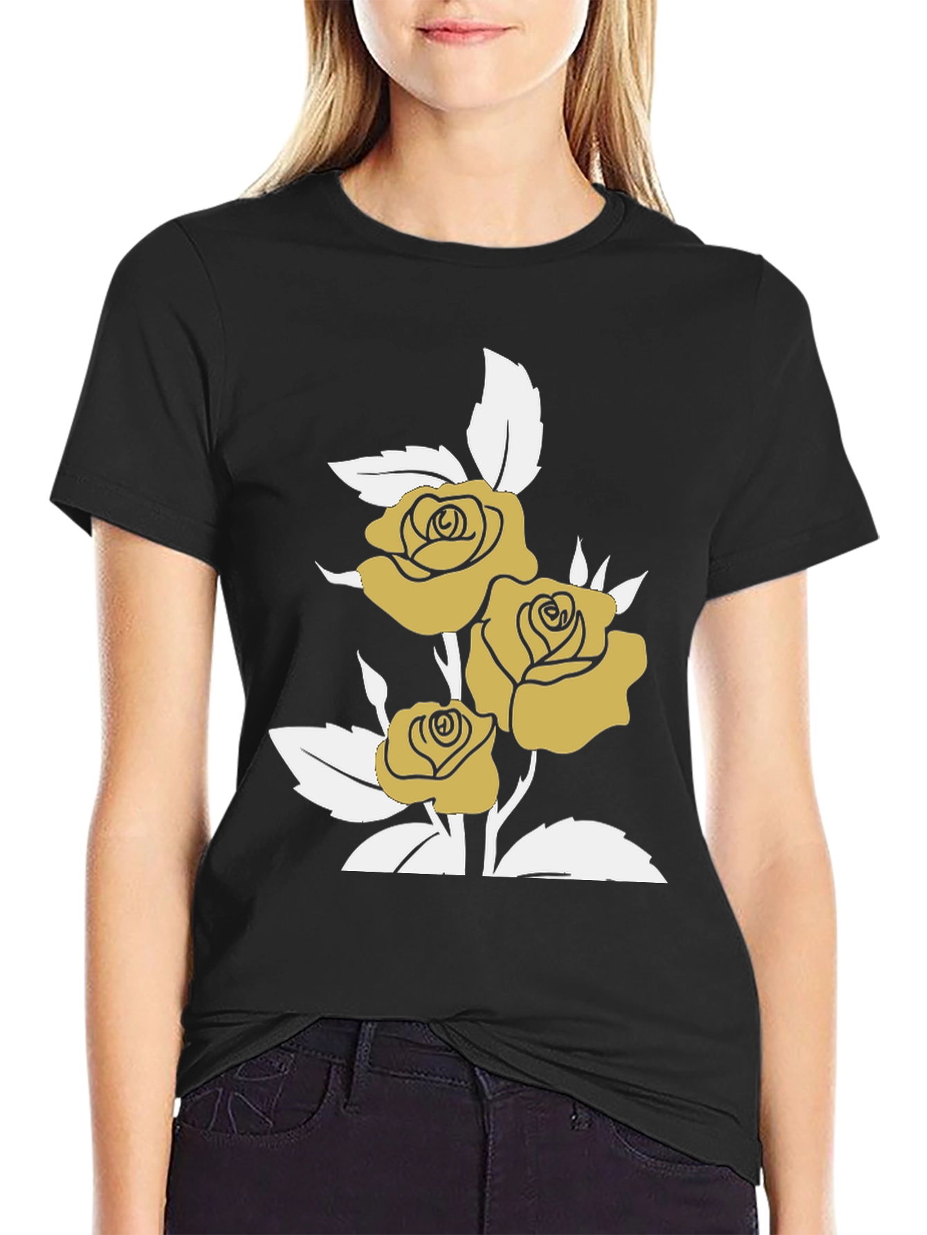 Gold Roses on Black Graphic T-Shirt
