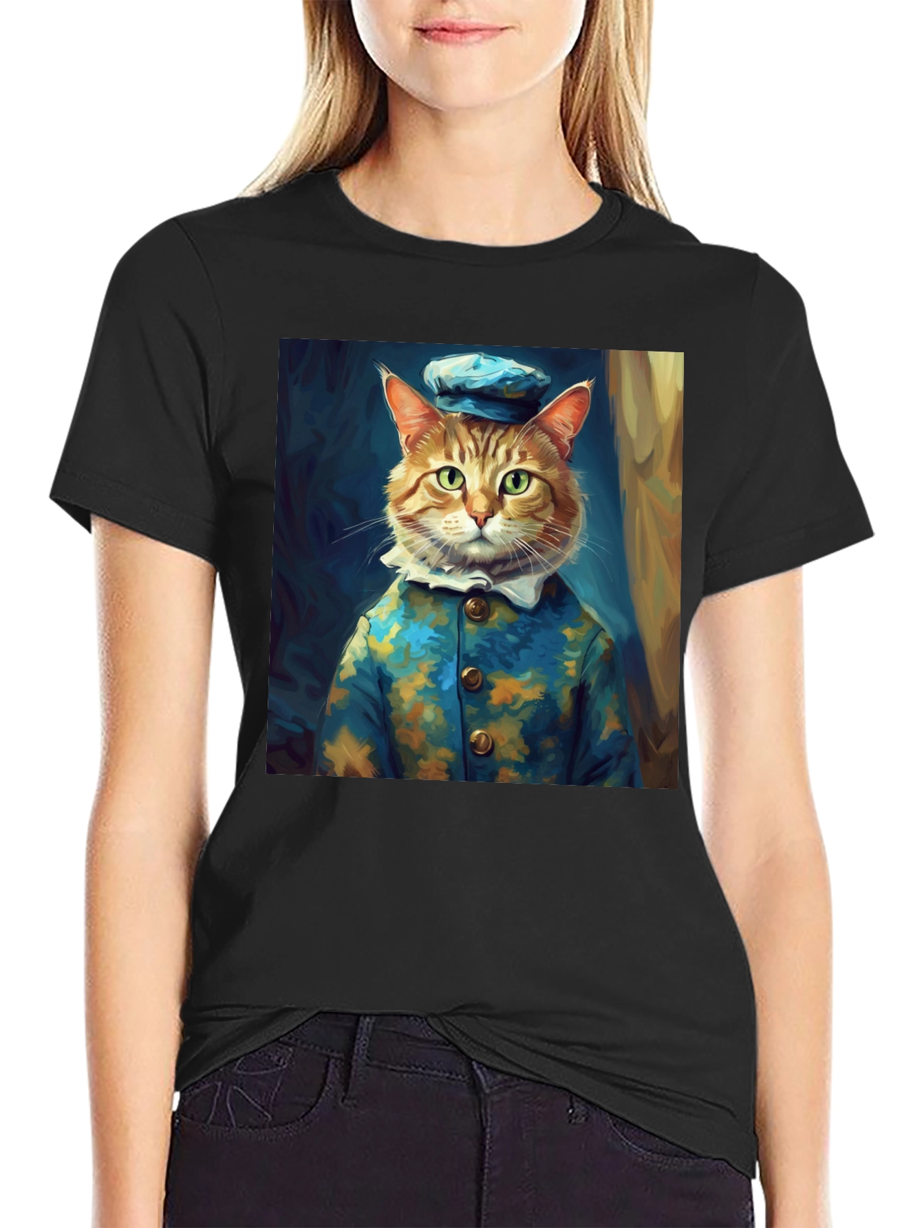 Dapper Cat Portrait Black T-Shirt
