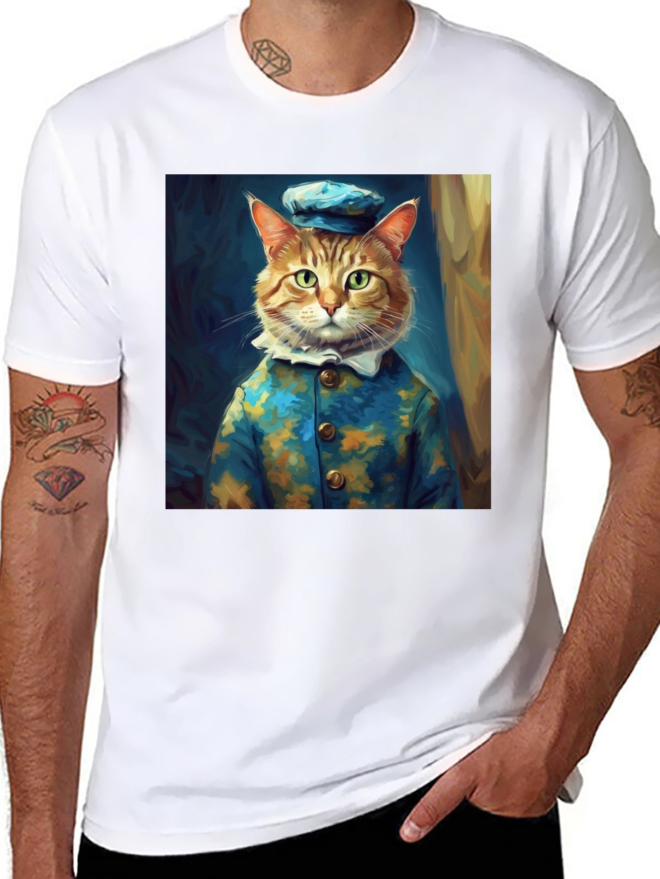 Dapper Cat Portrait Black T-Shirt