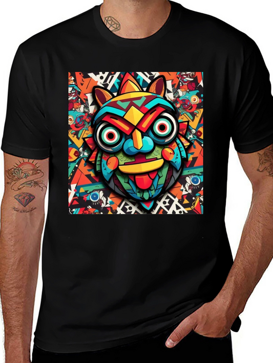 Bold Graphic Tee - Colorful Tribal Mask Design