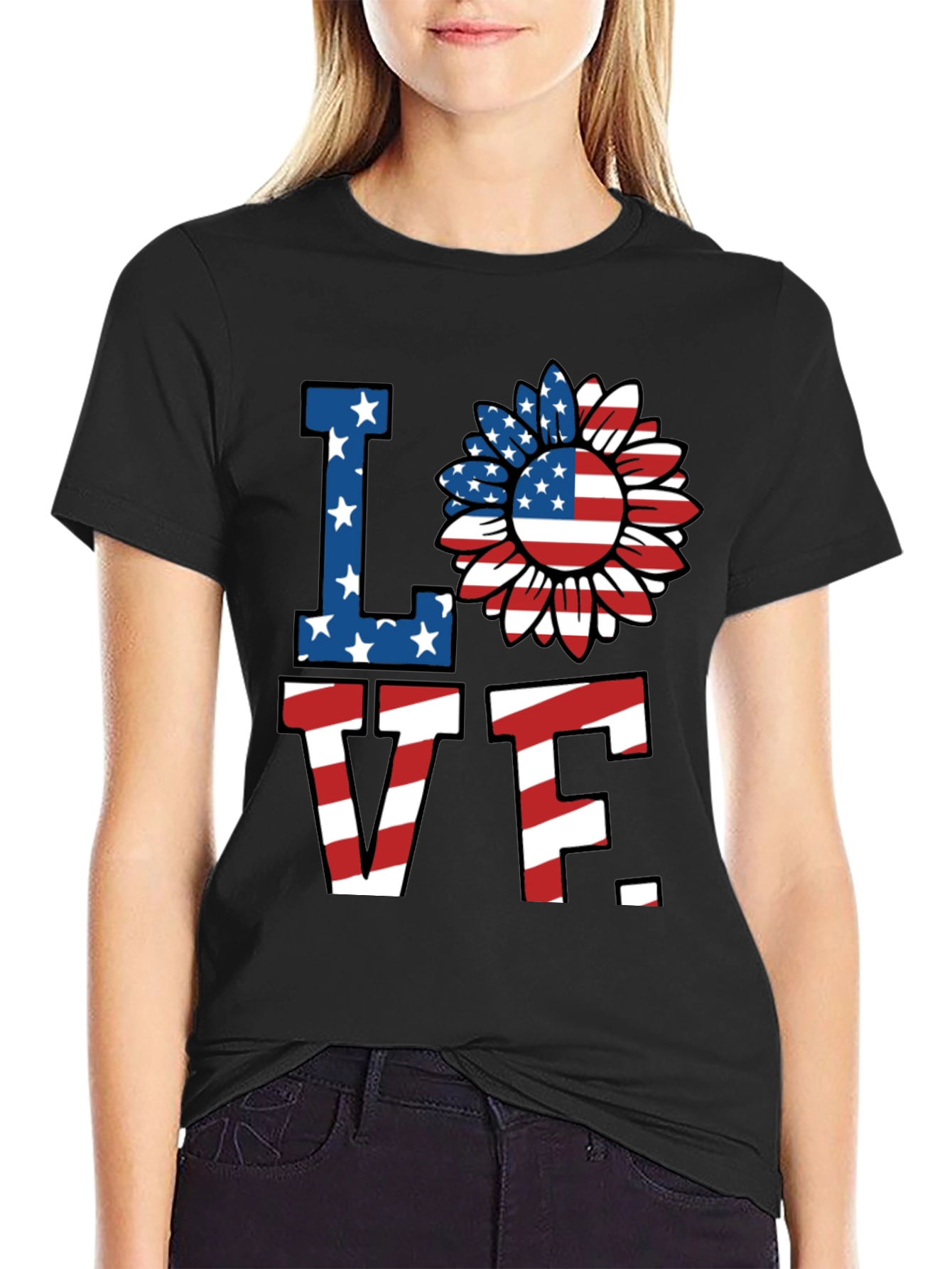 Patriotic Love T-Shirt - American Flag Sunflower Design
