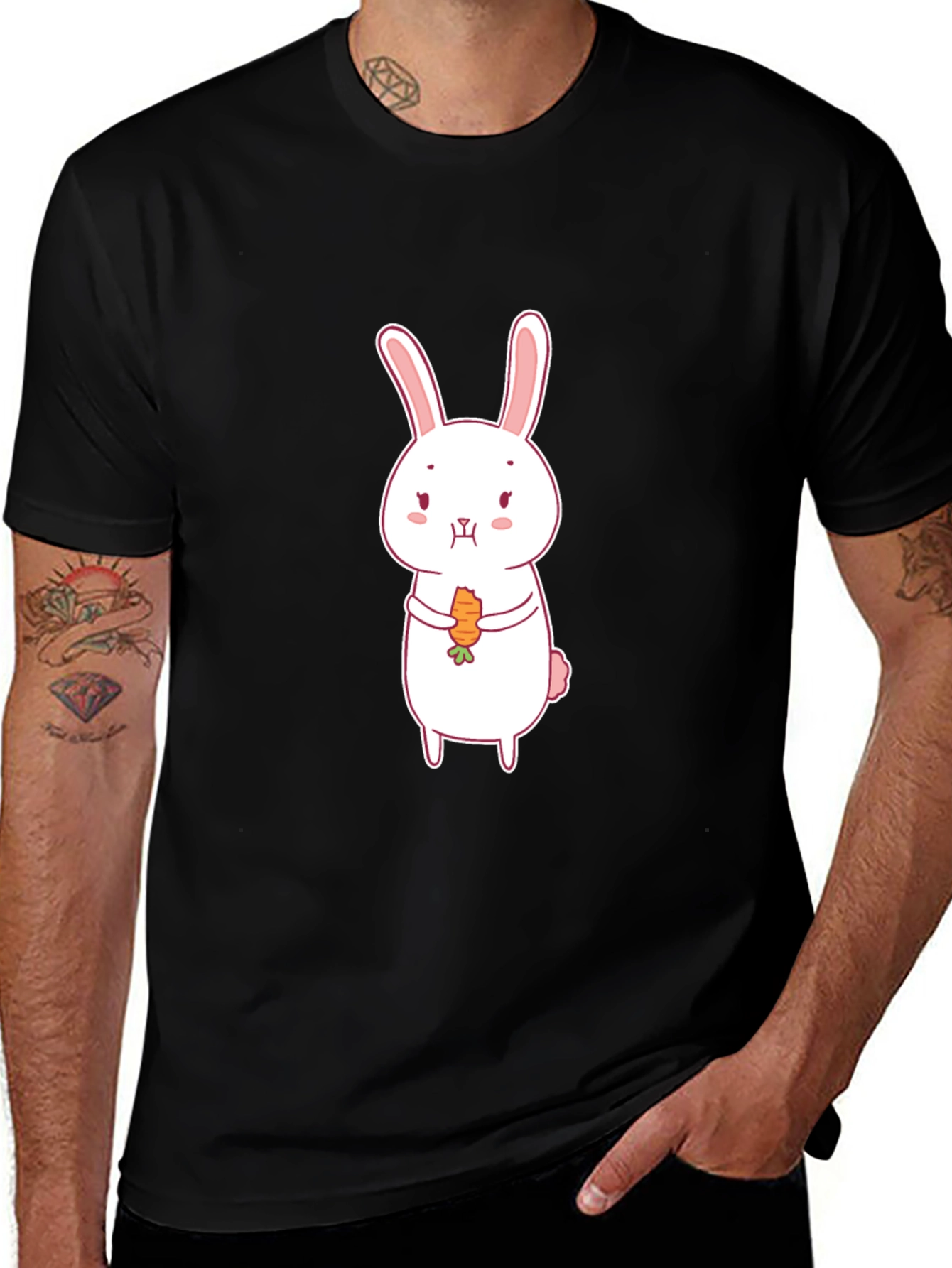 Cute Rabbit Carrot Graphic Black T-Shirt