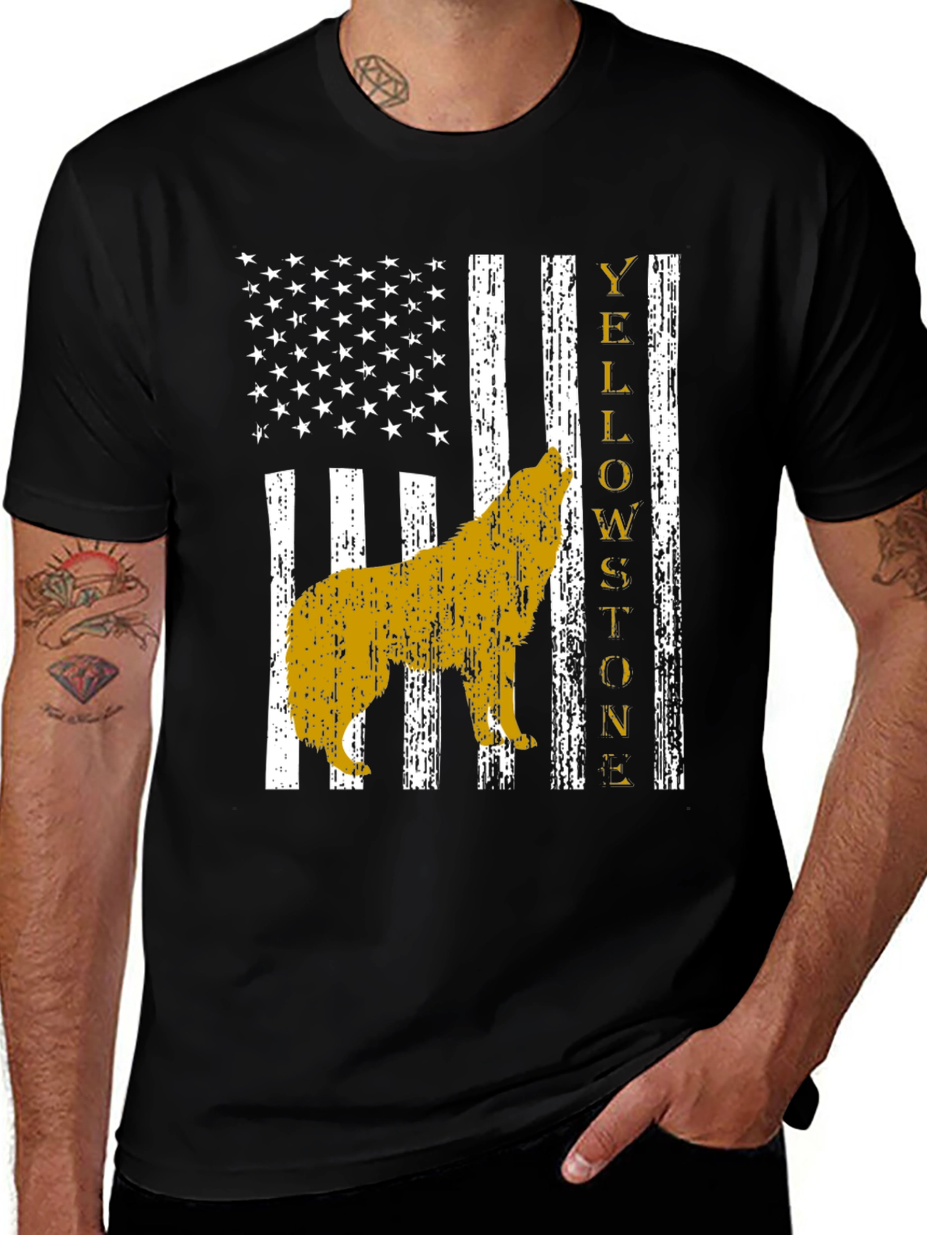 Yellowstone Wolf US Flag Graphic T-Shirt