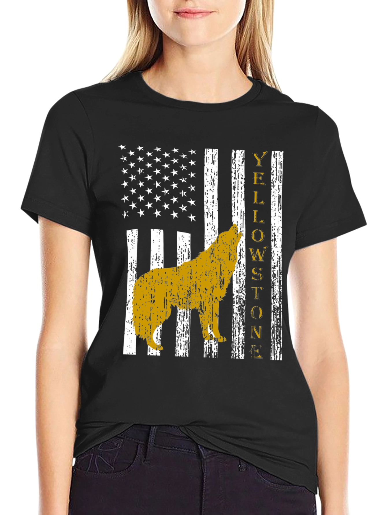 Yellowstone Wolf US Flag Graphic T-Shirt