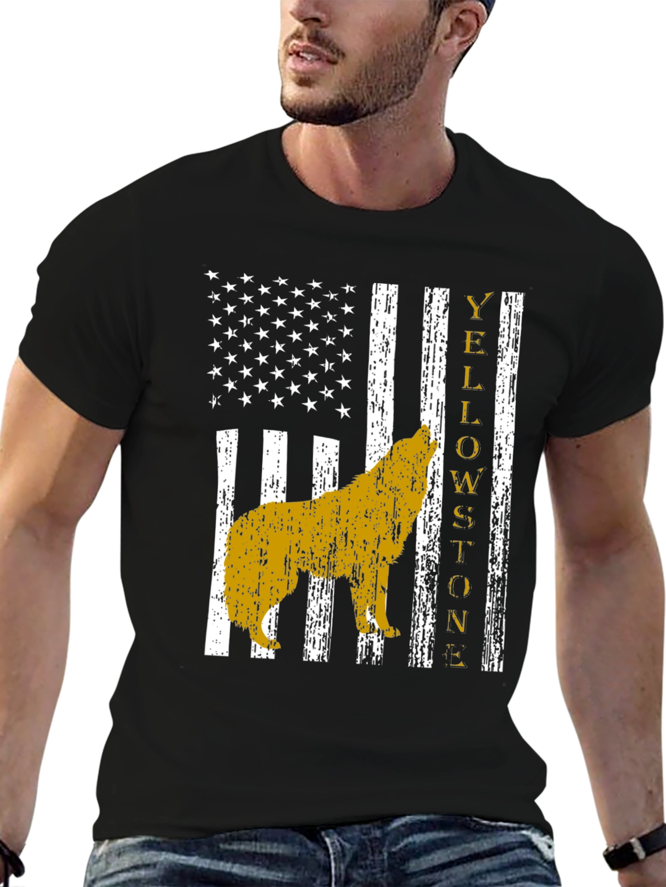 Yellowstone Wolf US Flag Graphic T-Shirt