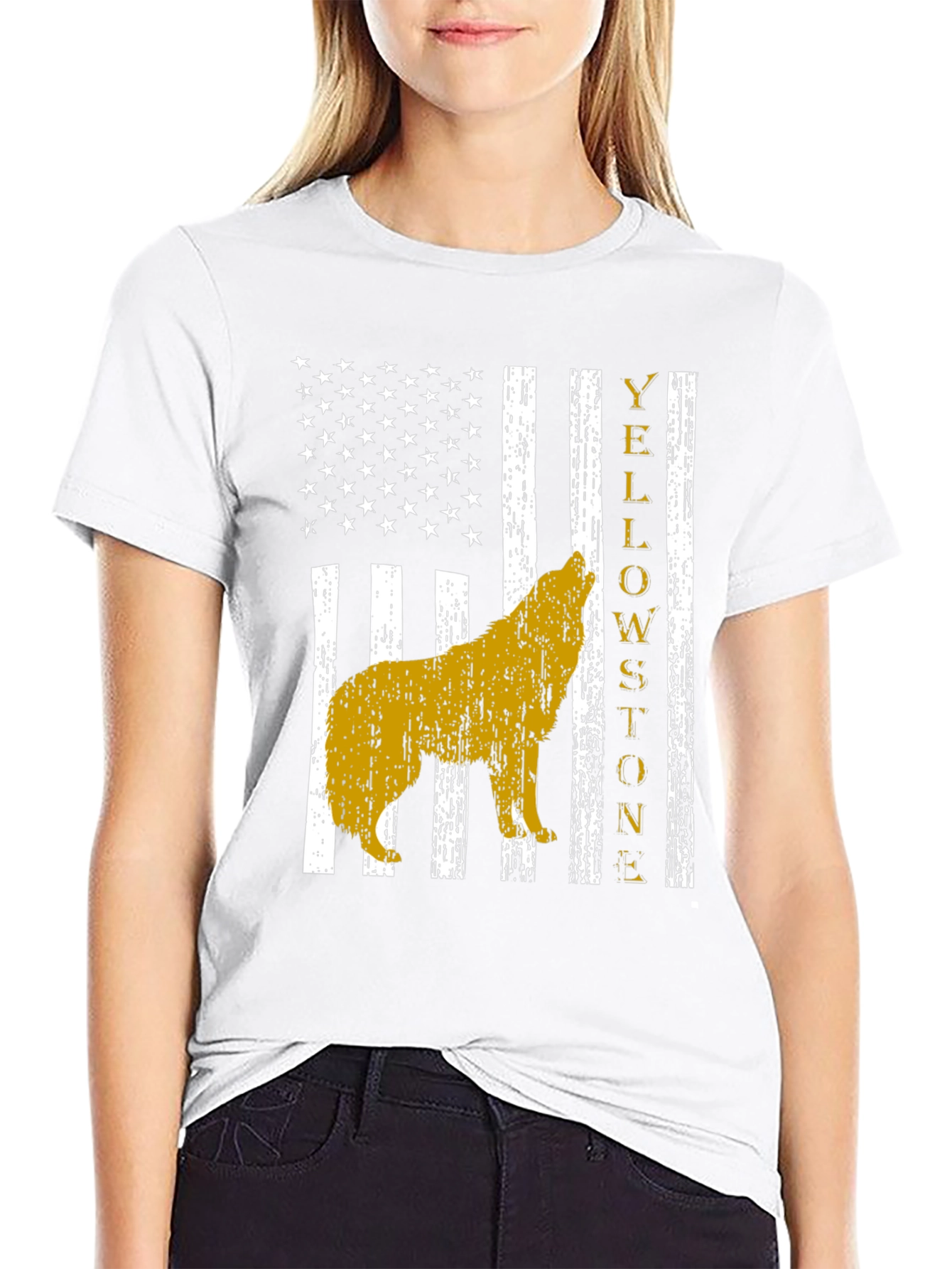 Yellowstone Wolf US Flag Graphic T-Shirt
