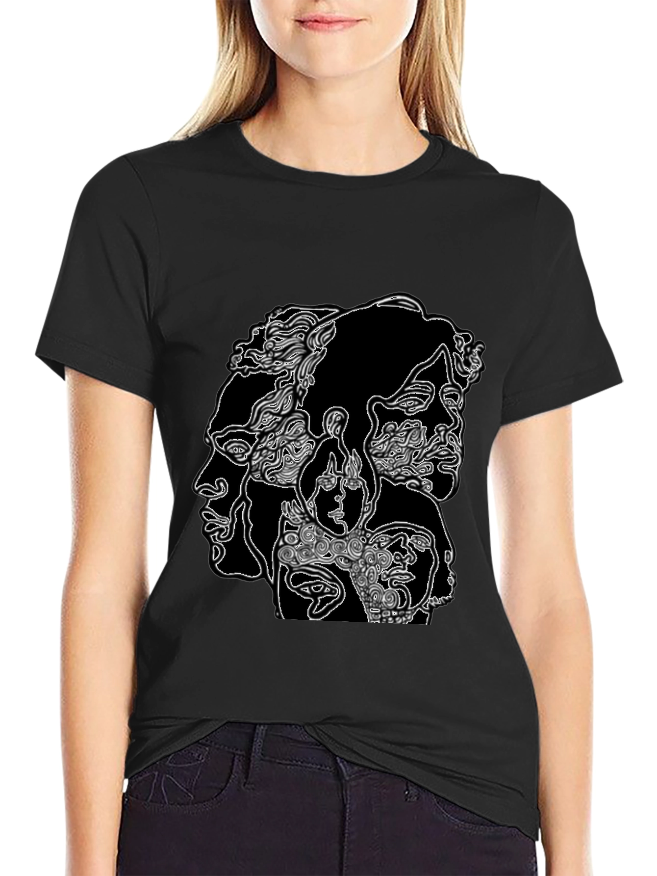 Abstract Faces Graphic Black T-Shirt