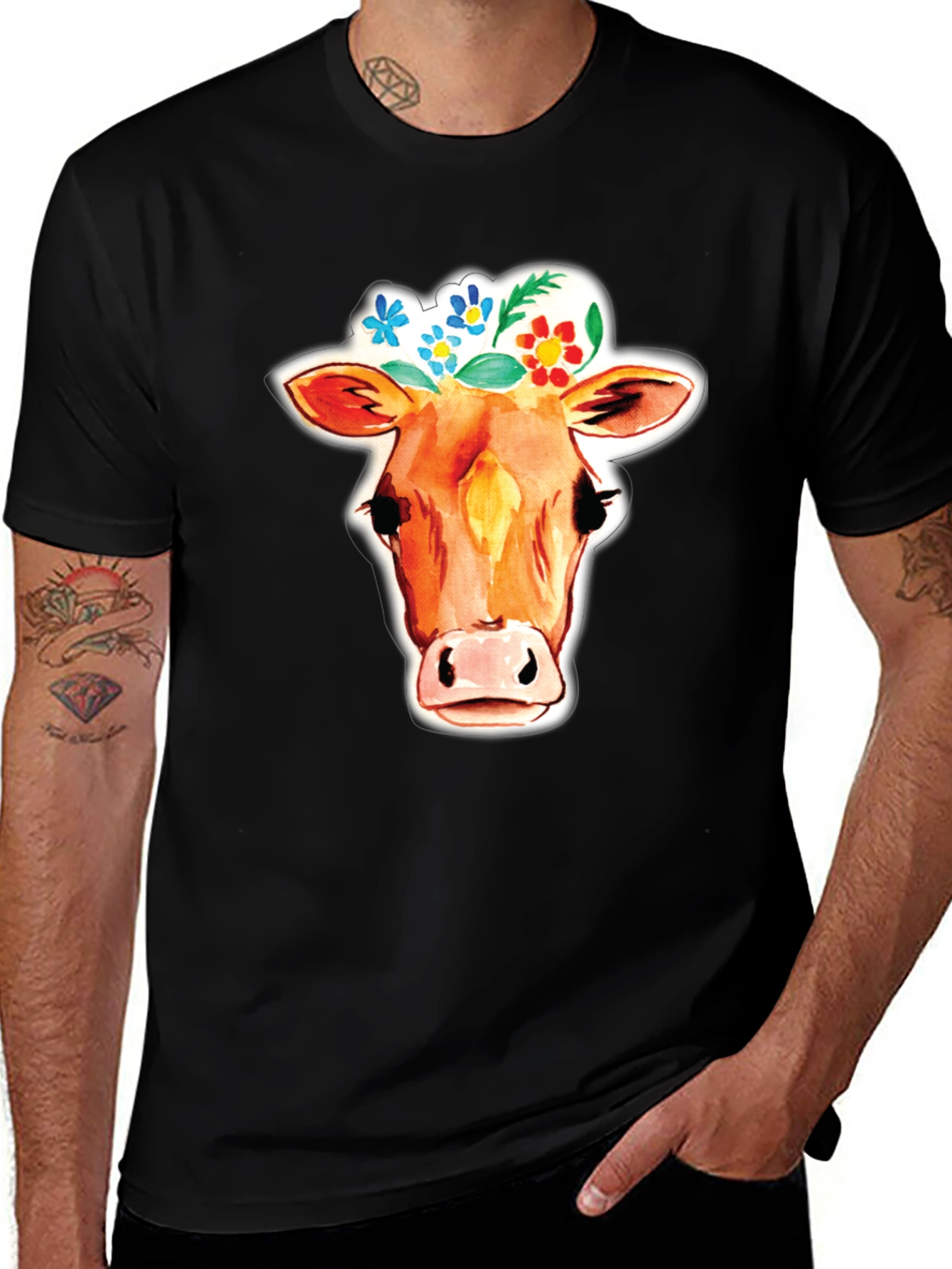 Cow with Floral Crown Graphic T-Shirt