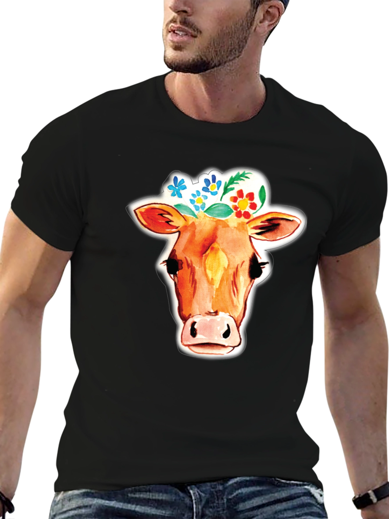 Cow with Floral Crown Graphic T-Shirt