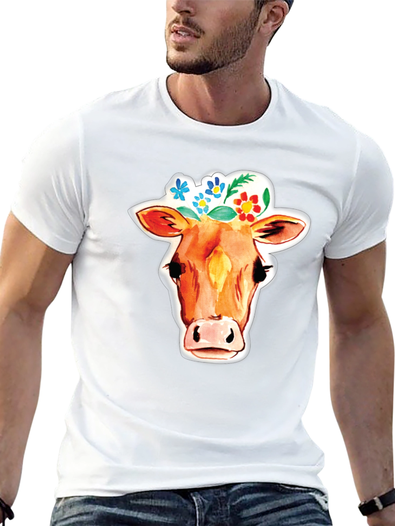 Cow with Floral Crown Graphic T-Shirt