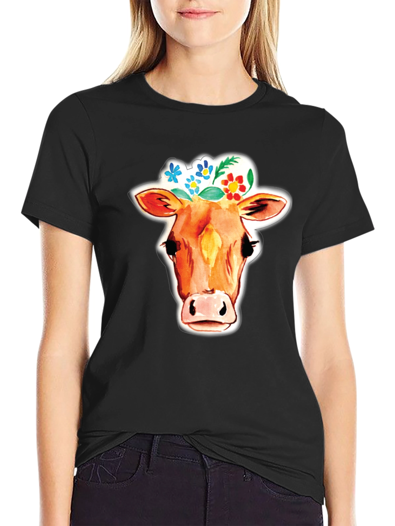 Cow with Floral Crown Graphic T-Shirt
