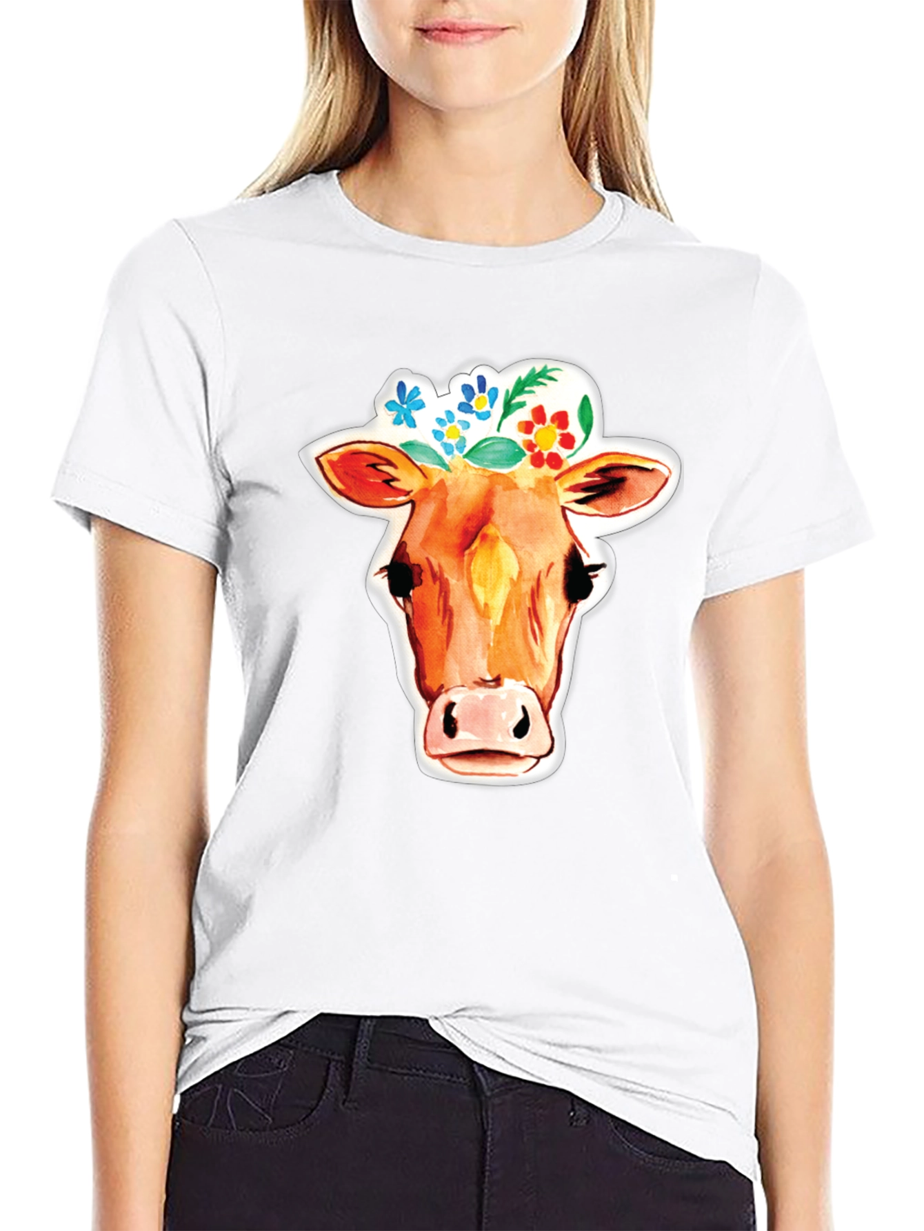Cow with Floral Crown Graphic T-Shirt
