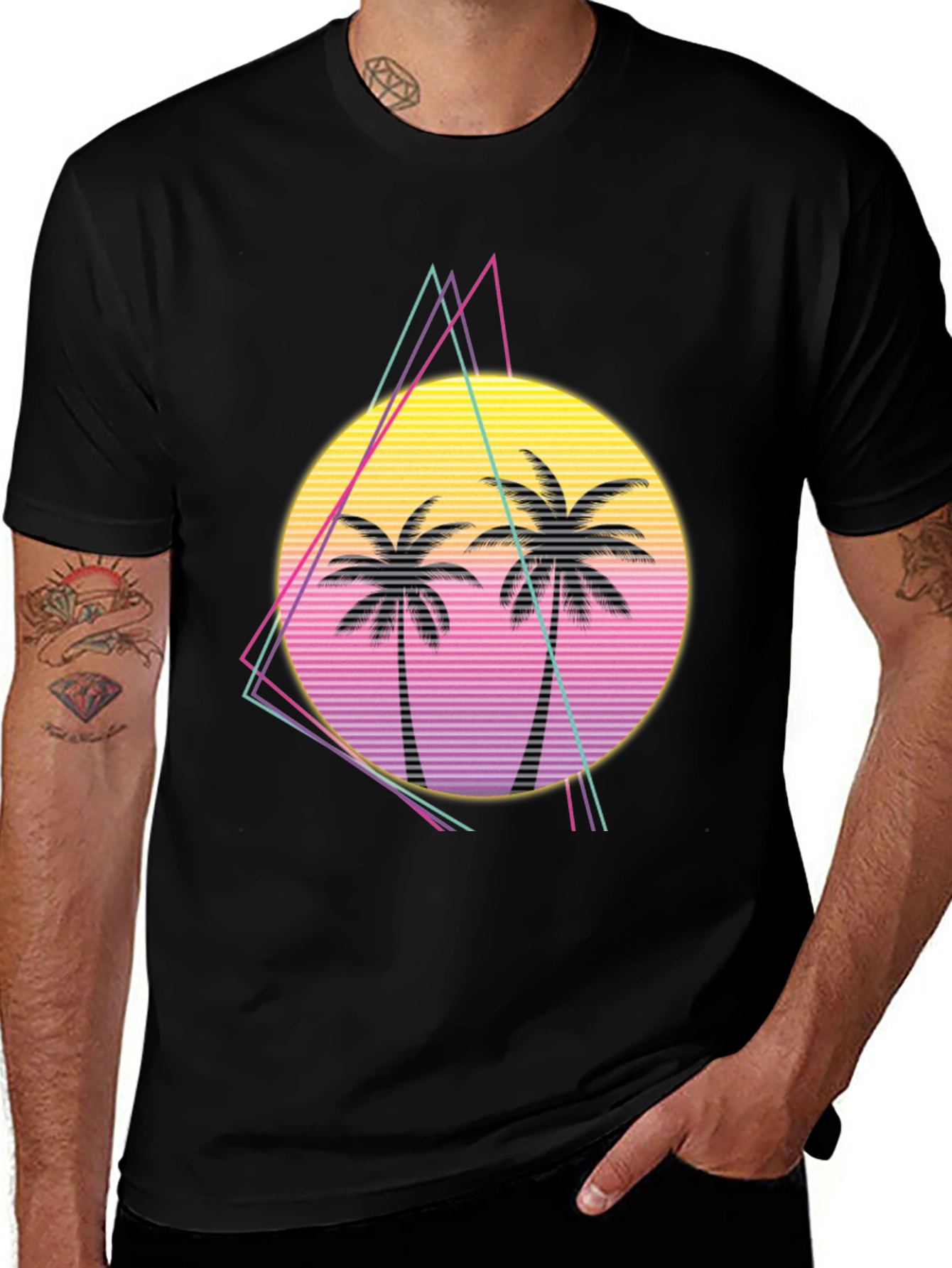Retro Palm Tree Sunset Graphic Tee - Black