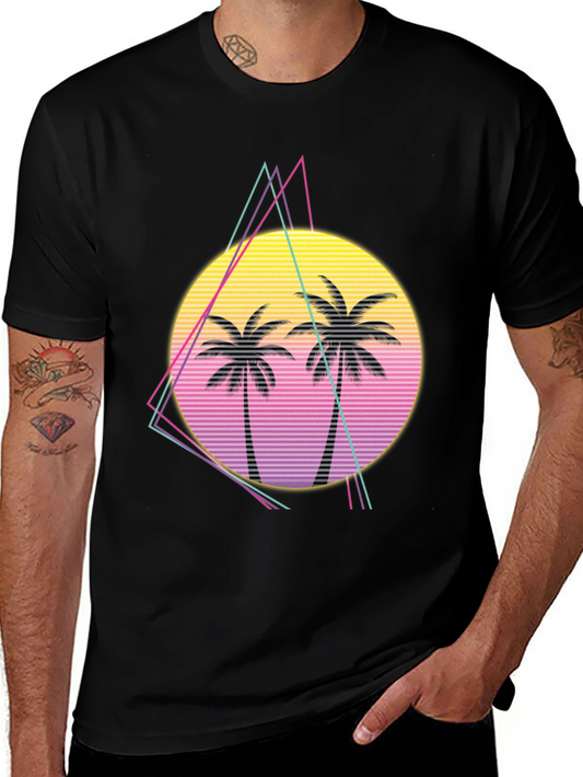Retro Palm Tree Sunset Graphic Tee - Black
