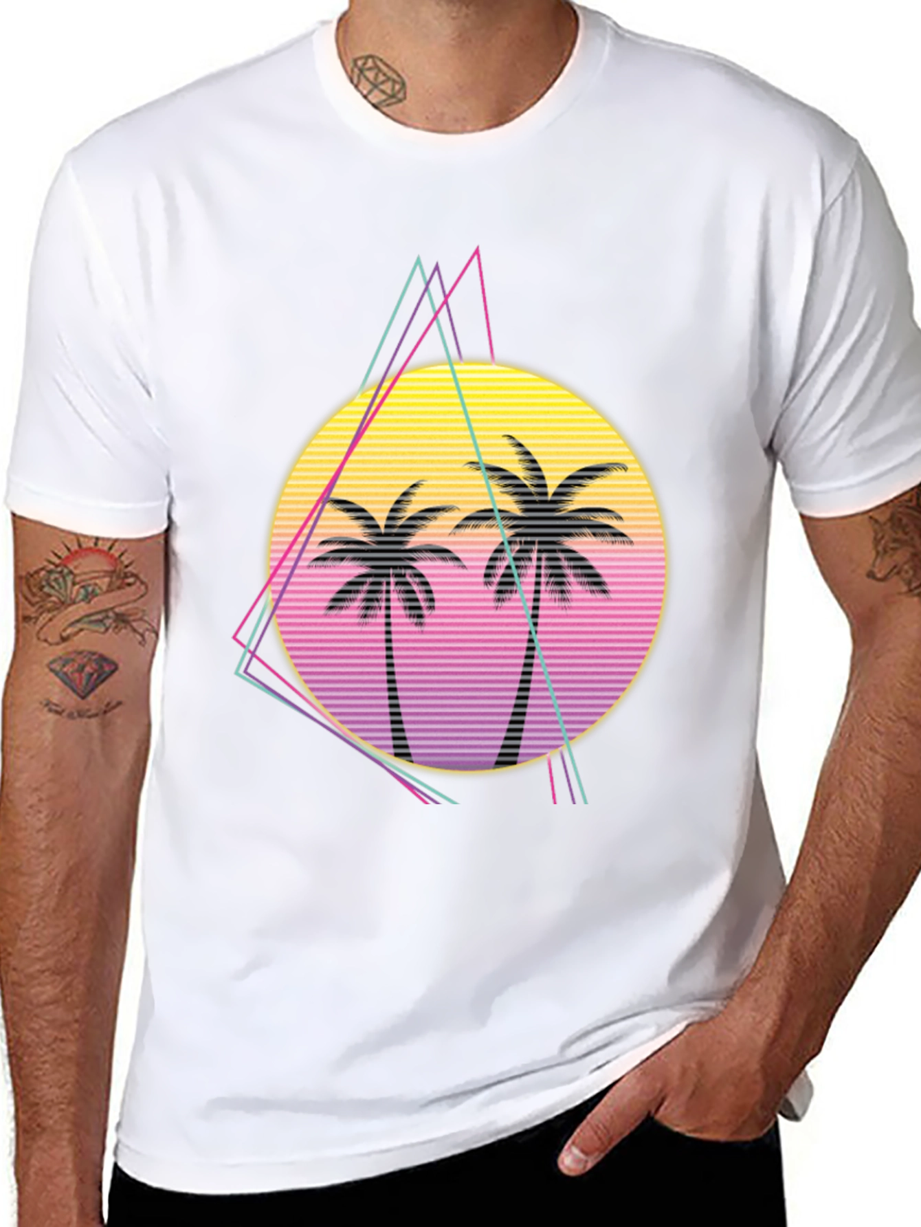 Retro Palm Tree Sunset Graphic Tee - Black
