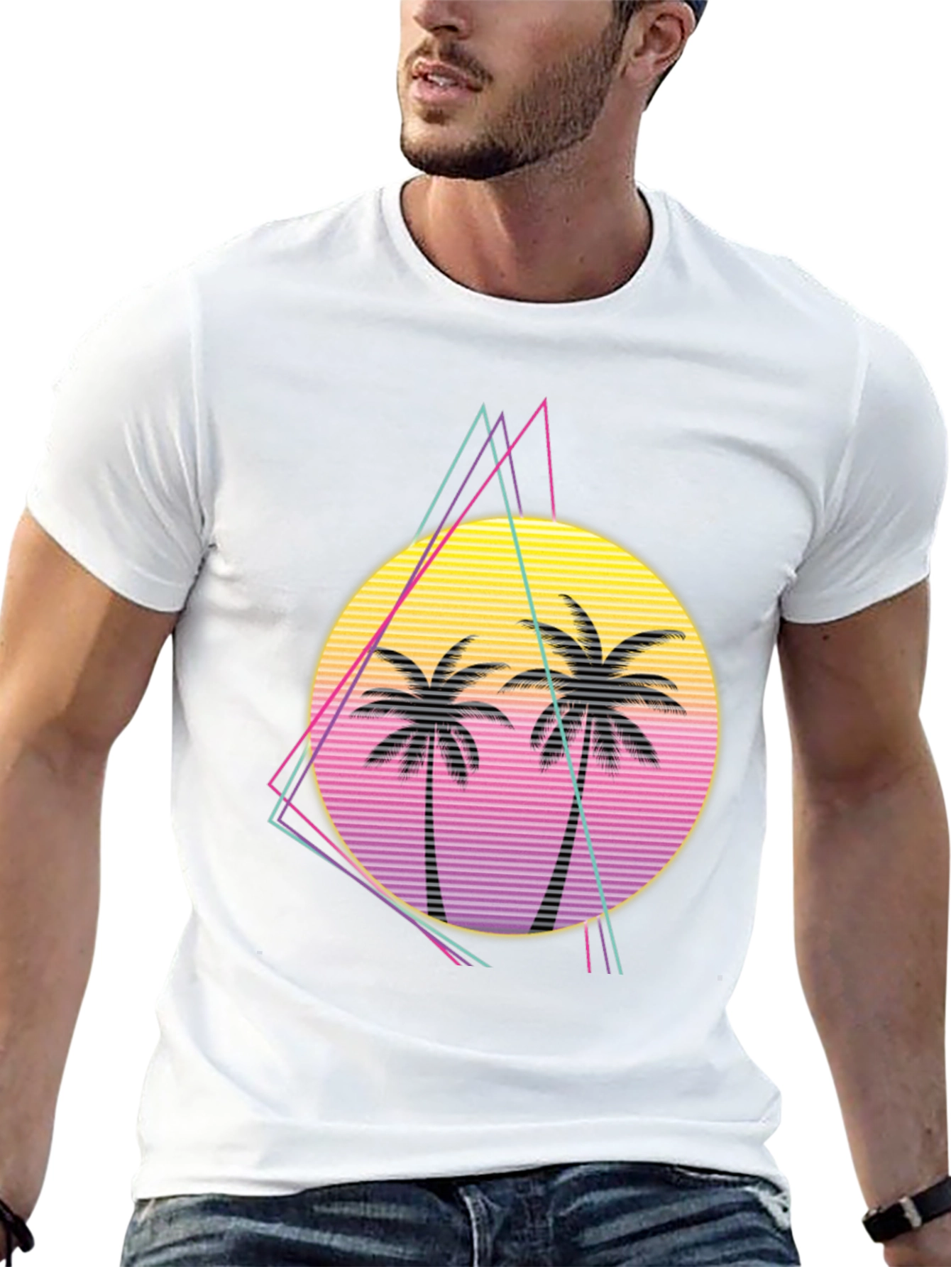 Retro Palm Tree Sunset Graphic Tee - Black