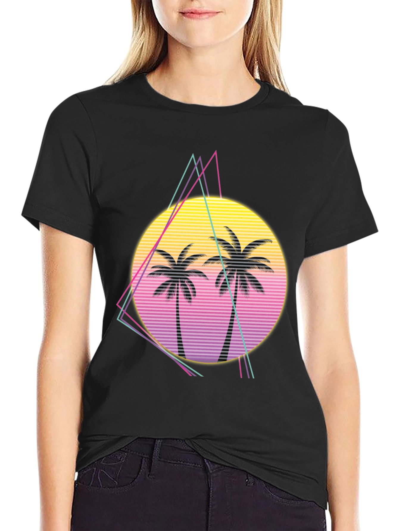Retro Palm Tree Sunset Graphic Tee - Black