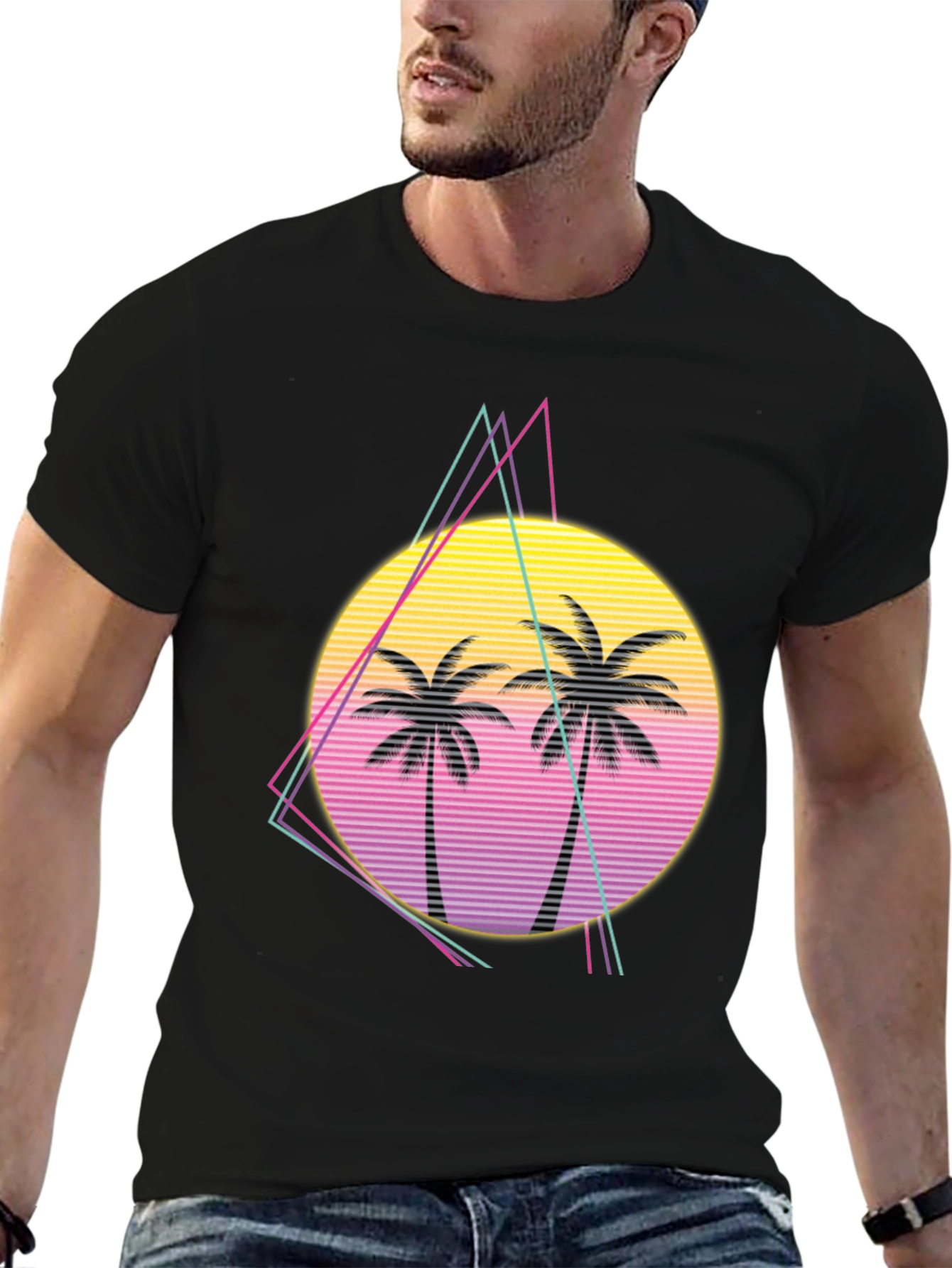 Retro Palm Tree Sunset Graphic Tee - Black
