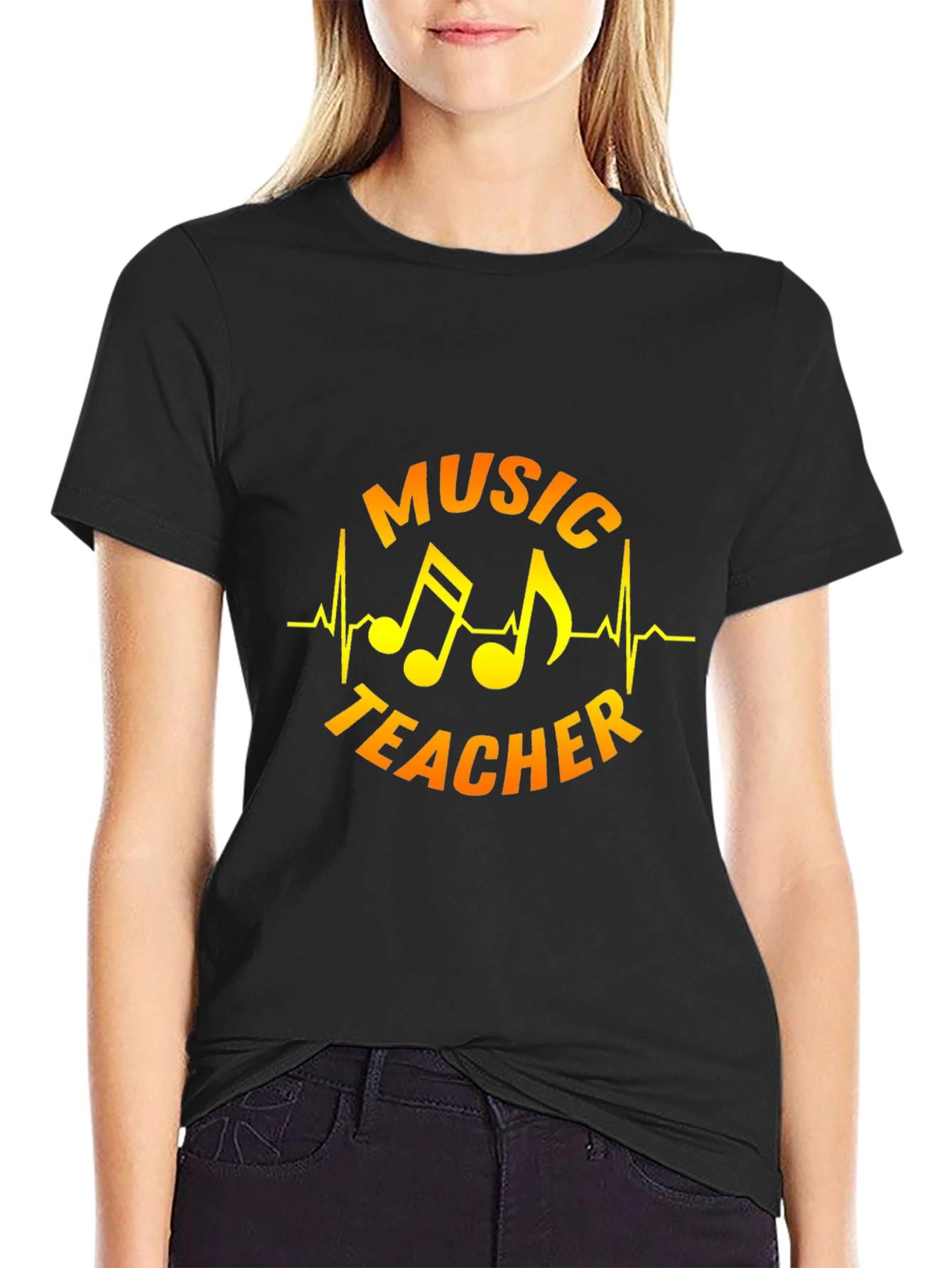 Music Teacher T-Shirt - Musical Notes Heartbeat Design