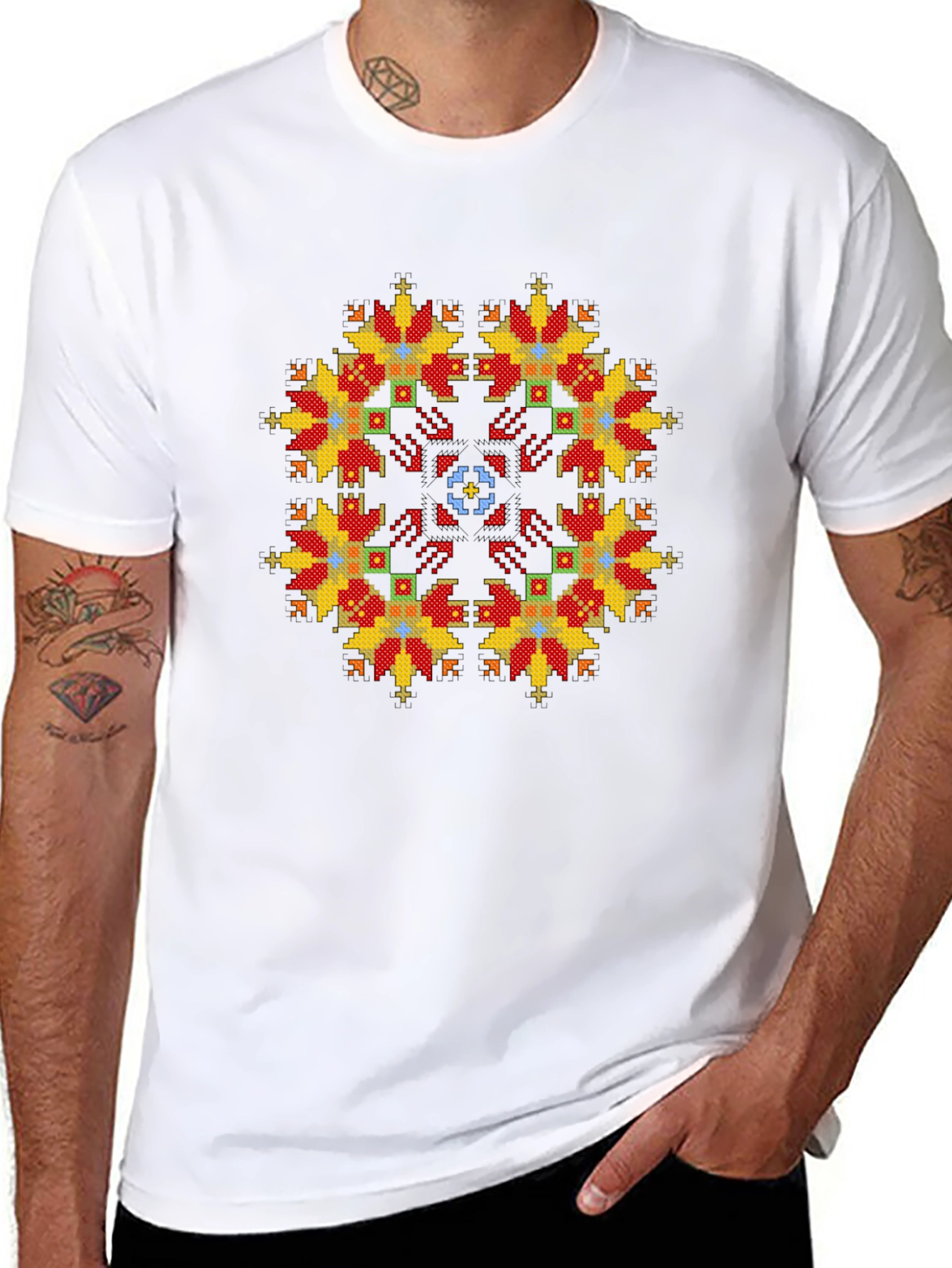 Embroidered Floral Pattern Black T-Shirt