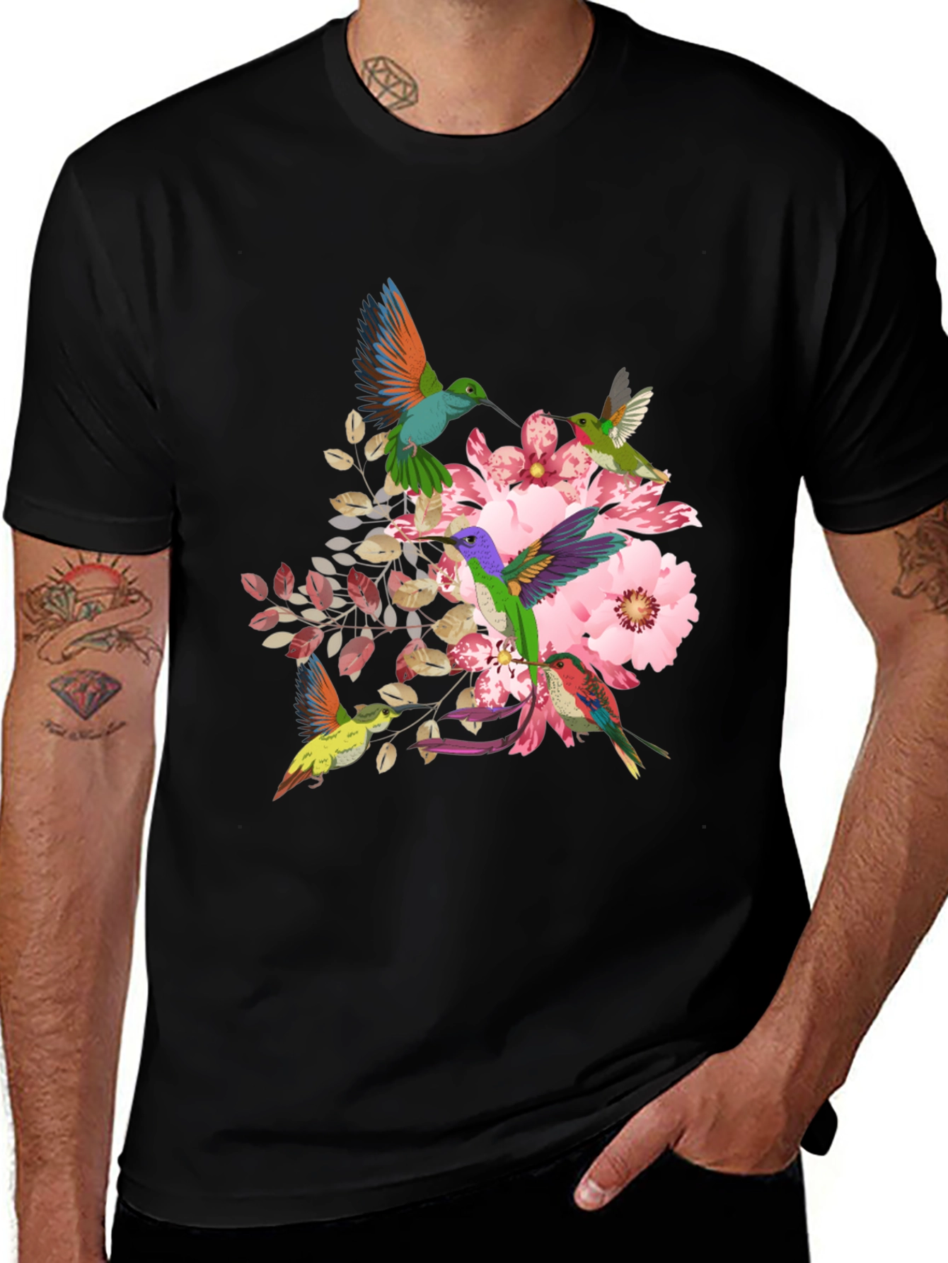Hummingbird Floral Print Black T-Shirt