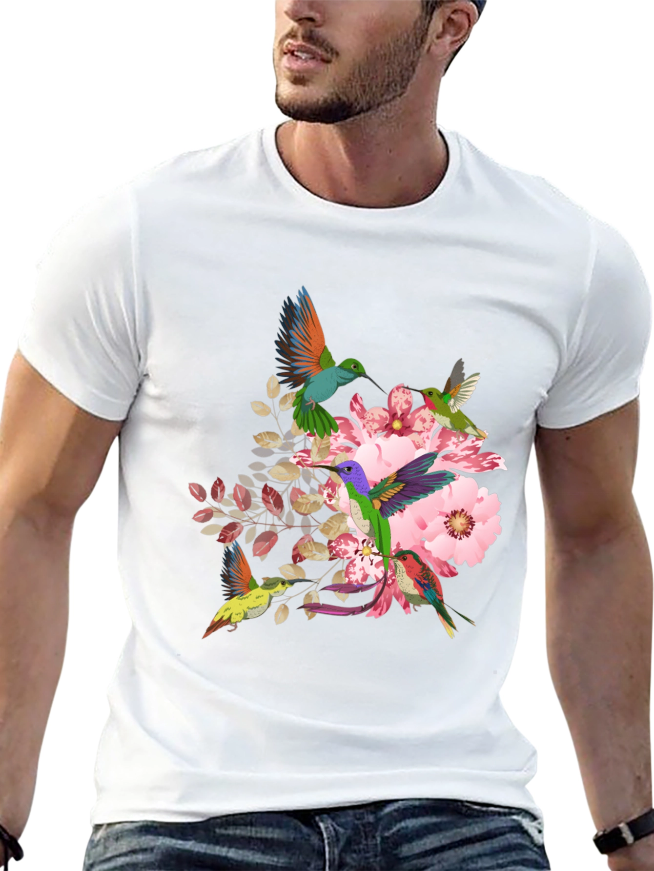 Hummingbird Floral Print Black T-Shirt