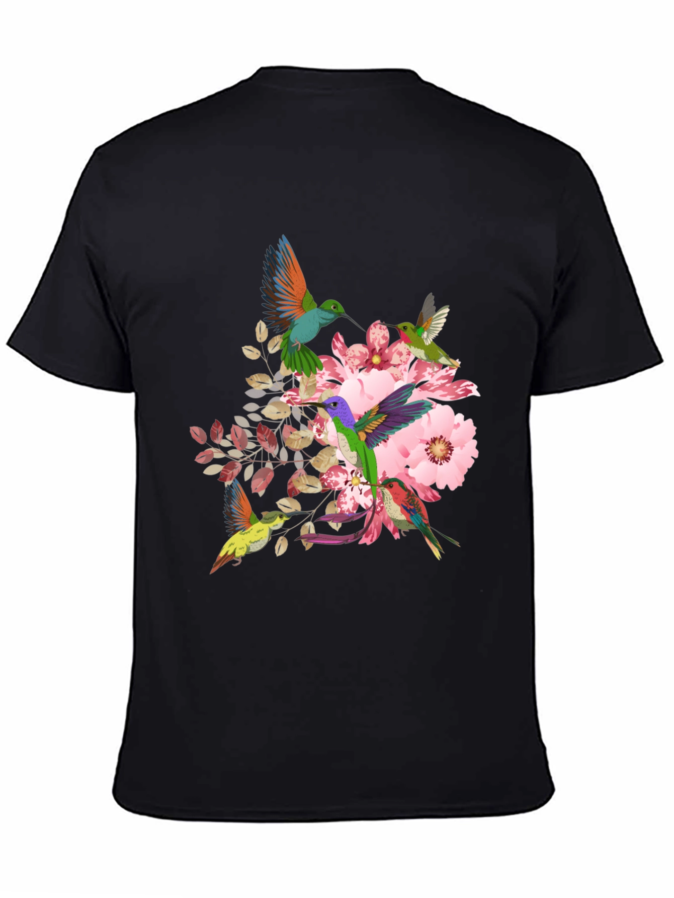 Hummingbird Floral Print Black T-Shirt