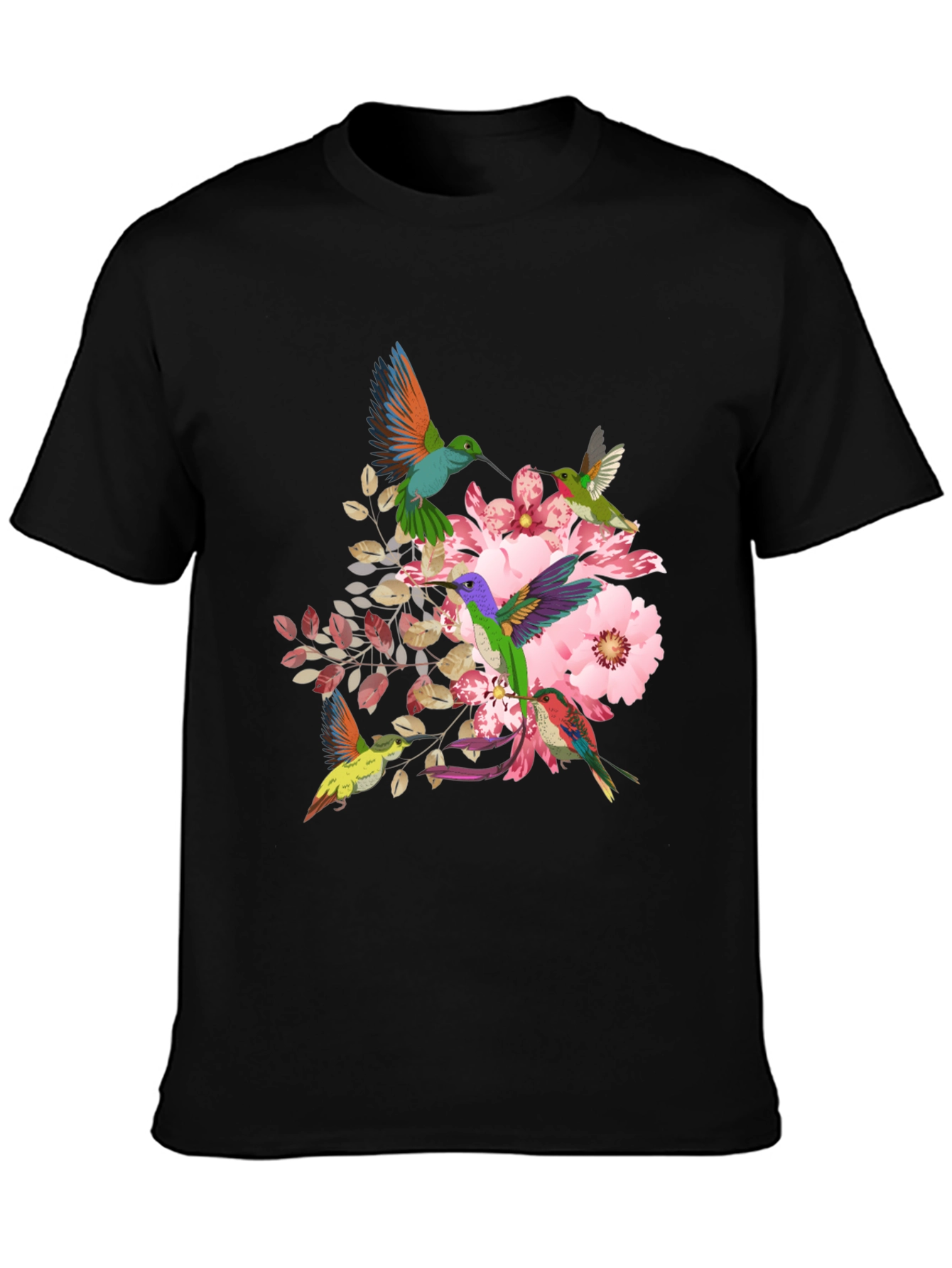 Hummingbird Floral Print Black T-Shirt