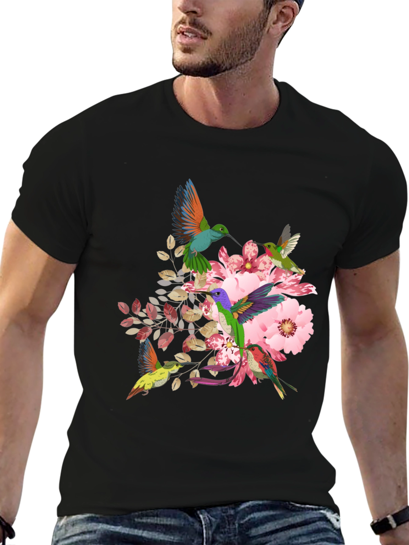 Hummingbird Floral Print Black T-Shirt