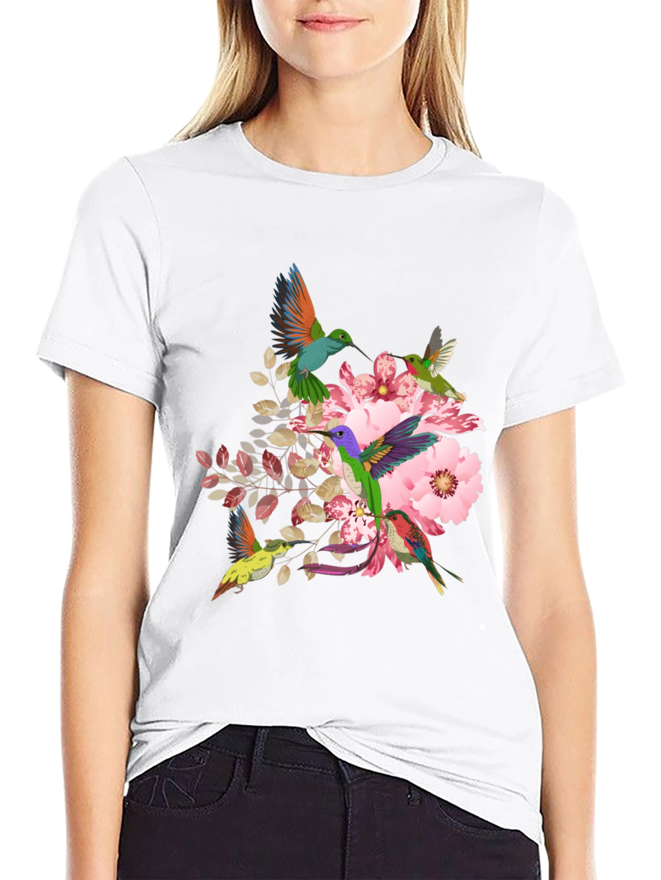 Hummingbird Floral Print Black T-Shirt