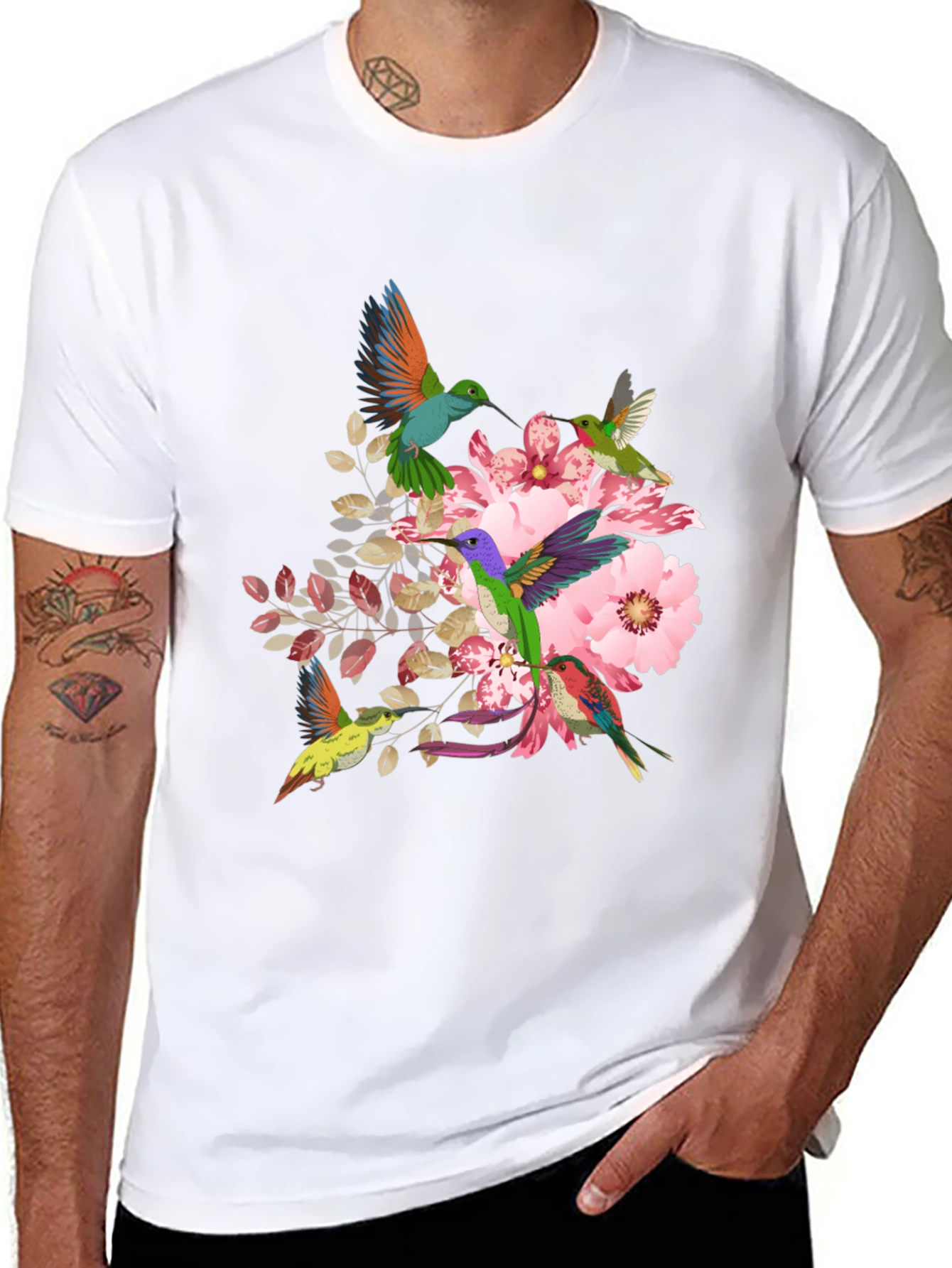 Hummingbird Floral Print Black T-Shirt