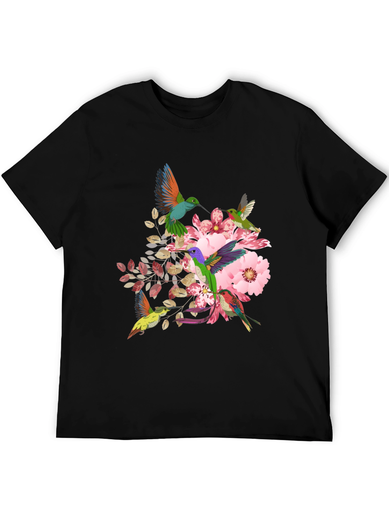 Hummingbird Floral Print Black T-Shirt